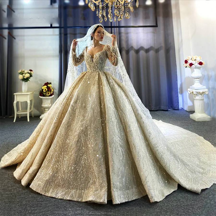 Elegant Full Beaded Wedding Dress with Long Sleeves | High-Quality Bridal Gown for Church Ceremony & Formal Reception