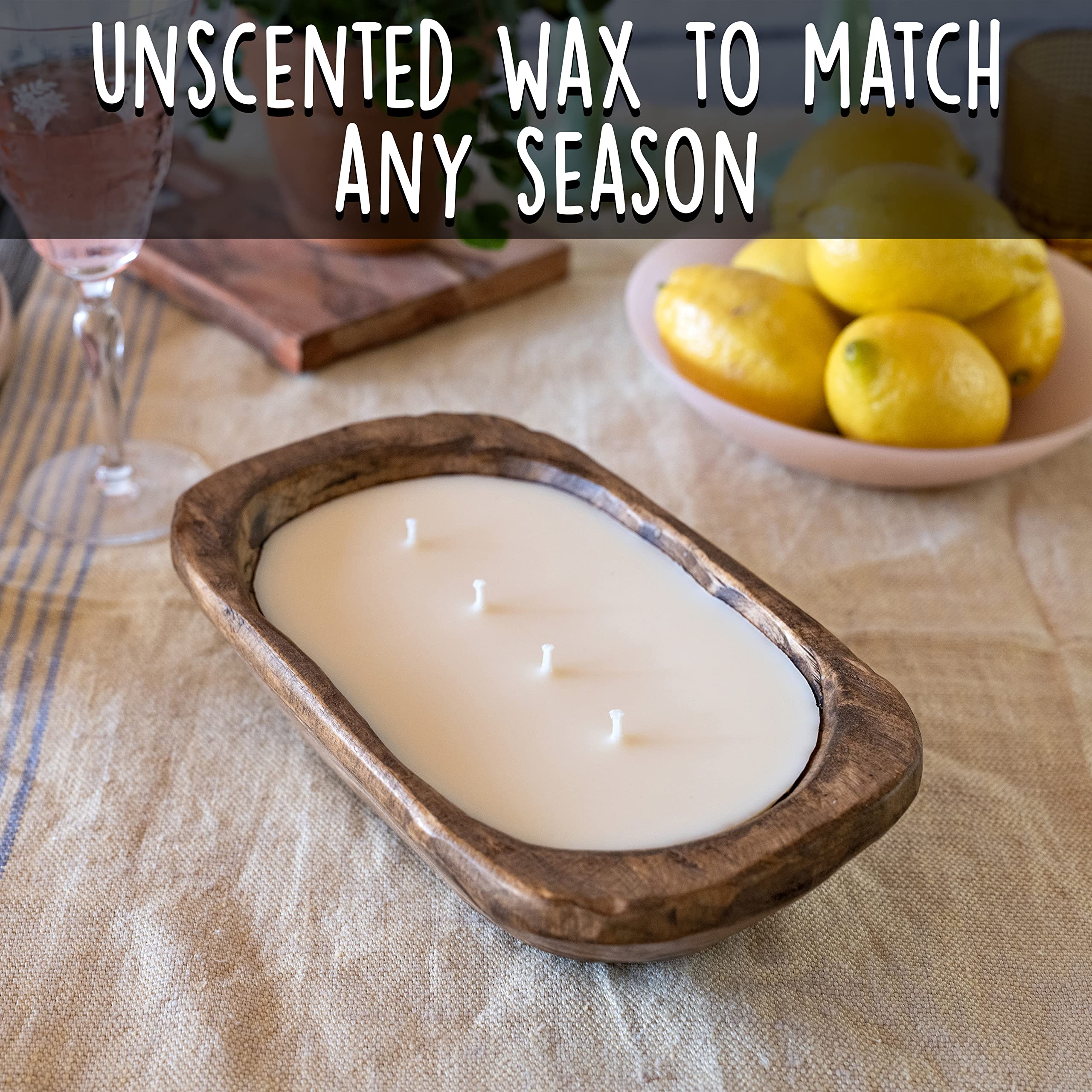 10 Inch Wooden Dough Bowl Soy Candle - Unscented Farmhouse Decor with 4 Wicks for Rustic Weddings, Holiday Centerpieces & Cozy Home Ambiance