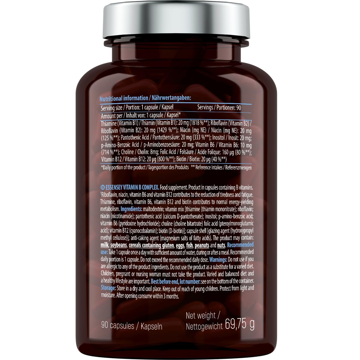 Essensey Vitamin B Complex 90 Capsules - Supports Energy, Metabolism & Brain Health - Daily Supplement for Men & Women - Perfect for Busy Lifestyles & Active Professionals