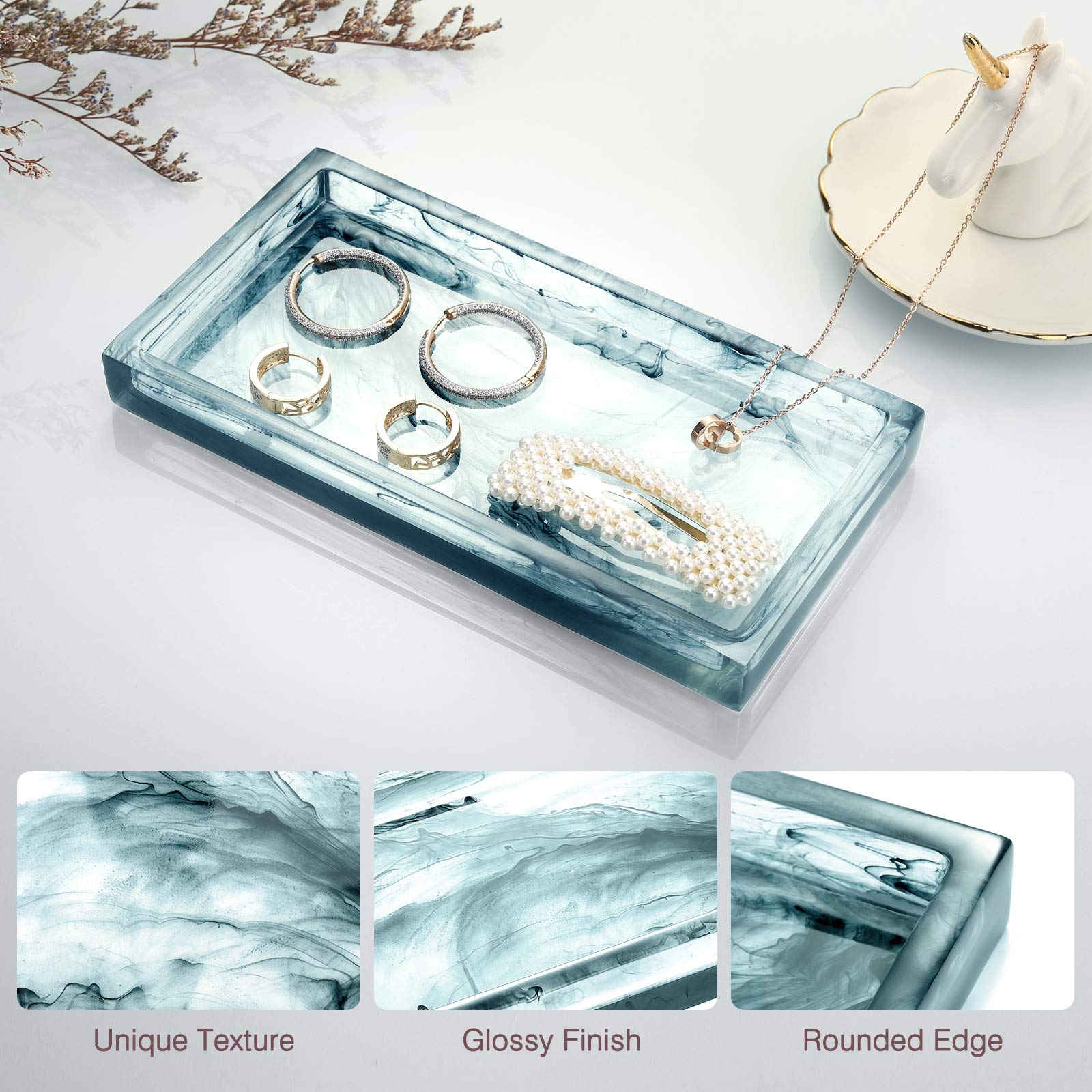 Resin Jewelry Organizer Tray - Mini Vanity Bathroom & Kitchen Storage for Jewelry, Cosmetics, Candles, Perfume, Soap & Small Decor | Ink Blue | Compact Dresser Organizer for Shower, Tissue, Towels & Shampoo | Perfect for Bedroom, Bath & Countertop Organization