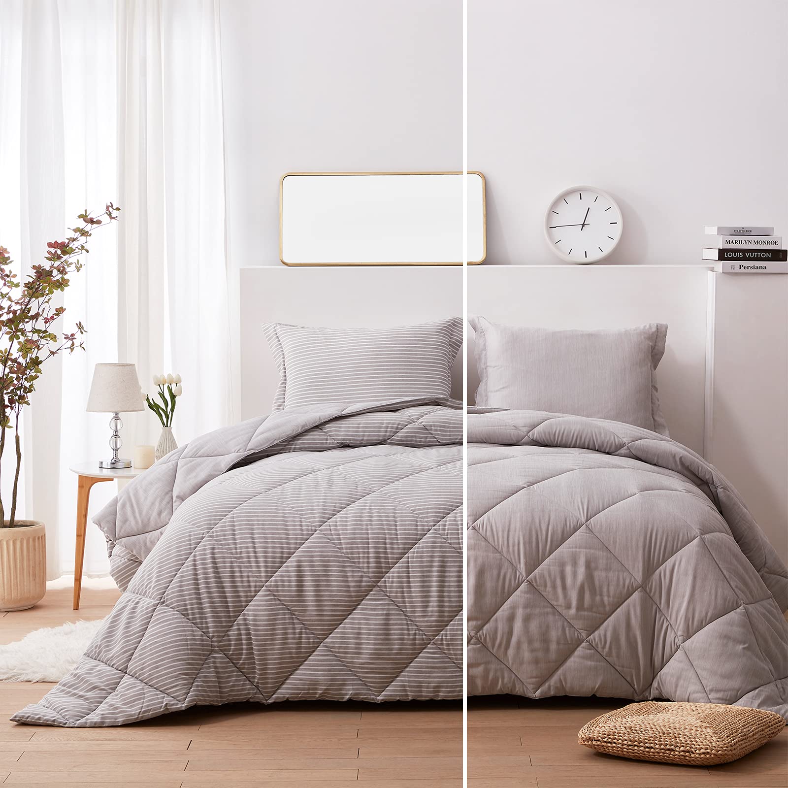 NexHome Queen Comforter Set - Reversible Grey Striped Bedding with 2 Pillow Shams | All-Season Soft Cationic Dyeing Comforter (88x88 inches) for Cozy Bedroom & Guest Room Decor