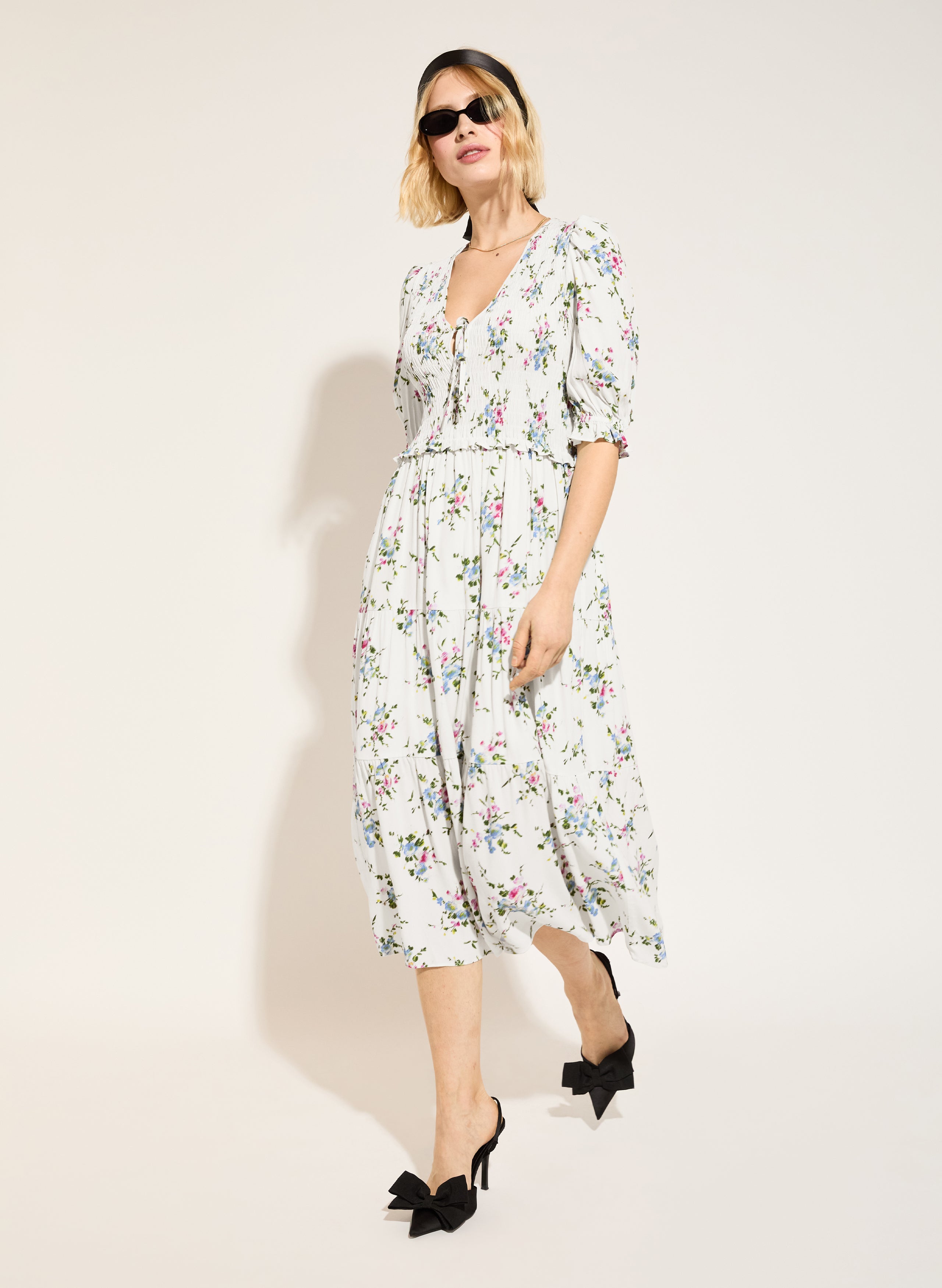 Melania Smock Midi Dress for Women - Floral Print Summer Casual Dress with Puff Sleeves - Perfect for Beach Vacation, Brunch Dates & Outdoor Parties