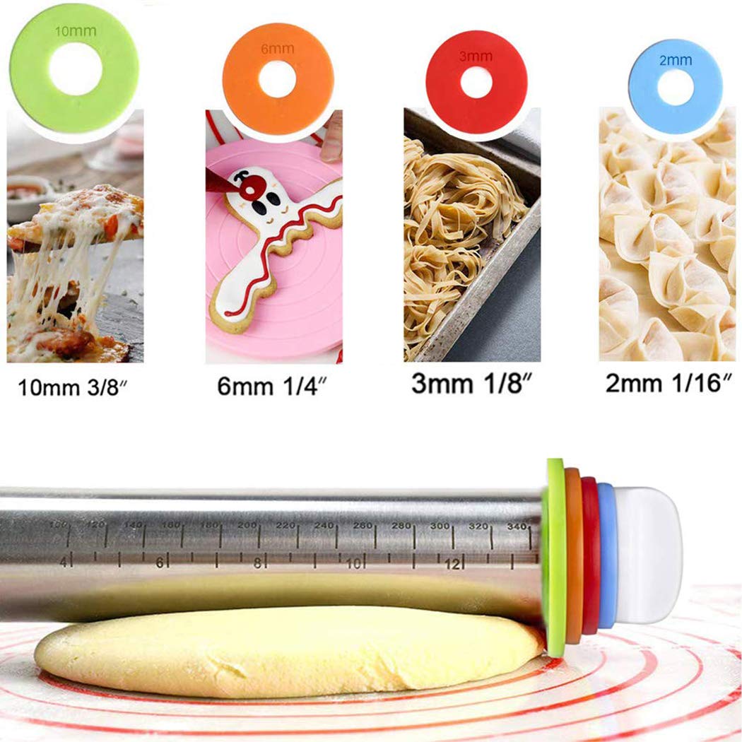 17 Inch Adjustable Stainless Steel Rolling Pin with 4 Thickness Rings - Non Stick Dough Roller for Baking Pizza, Pie, Cookies & Pastry | Perfect for Home Bakers & Professional Kitchens