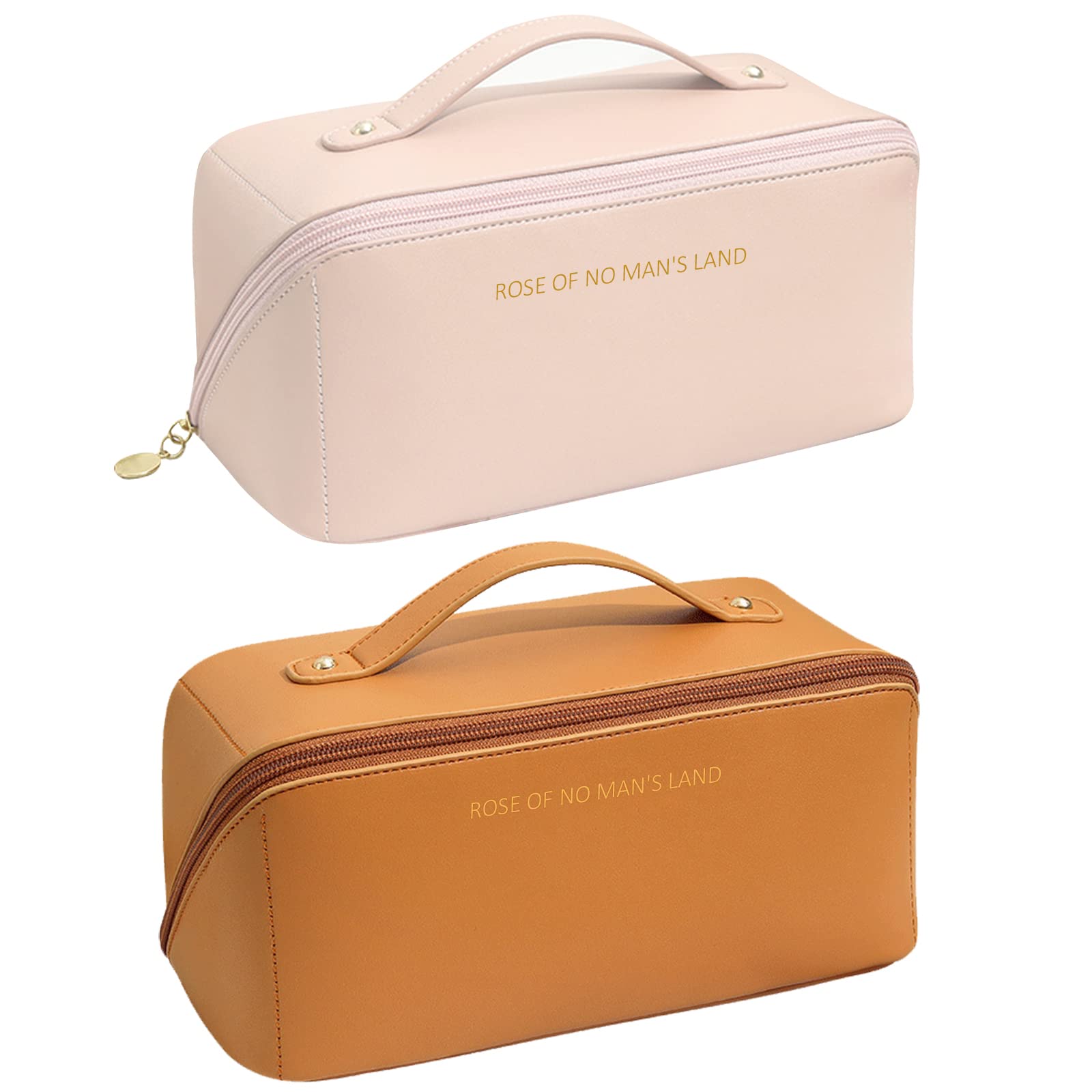 Large Capacity Travel Cosmetic Bag 2-Pack - Waterproof PU Leather Makeup Organizer with Dividers for Travel & Daily Use