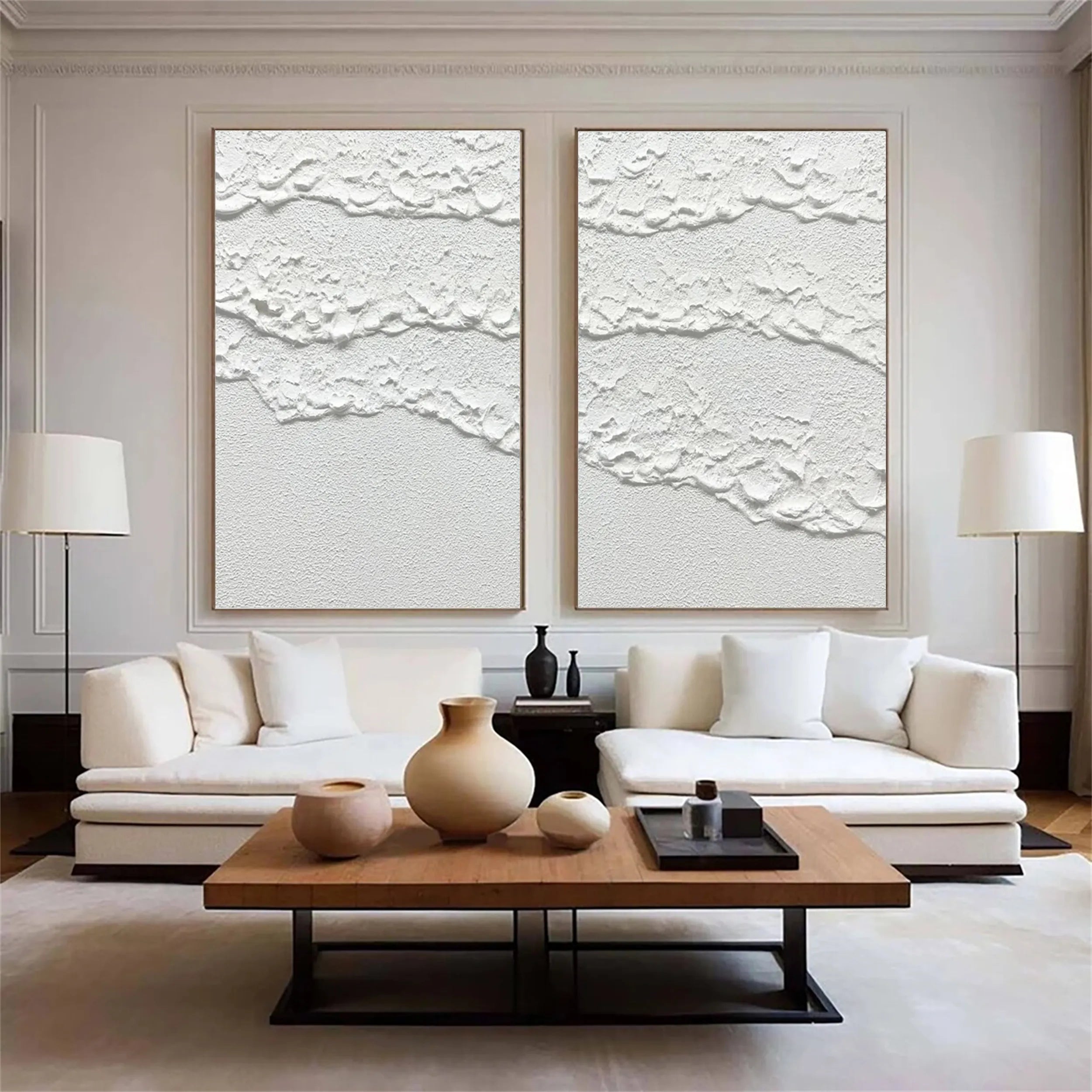 Modern White Minimalist Textured Wall Art - Set of 2 Abstract Canvas Paintings for Living Room & Bedroom Decor | MM181