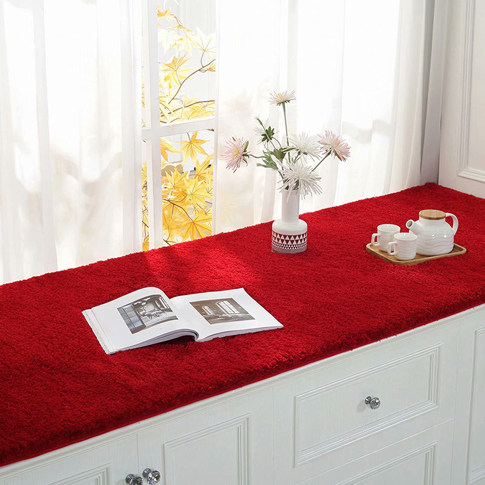 Custom Shaggy Trapezoid Bay Window Cushions - Soft Fluffy Plush Area Rugs for Modern Living Room, Nursery, Kids Bedroom & Dorm - Indoor Floor Carpet in Red - Perfect for Cozy Seating, Play Areas & Home Decor
