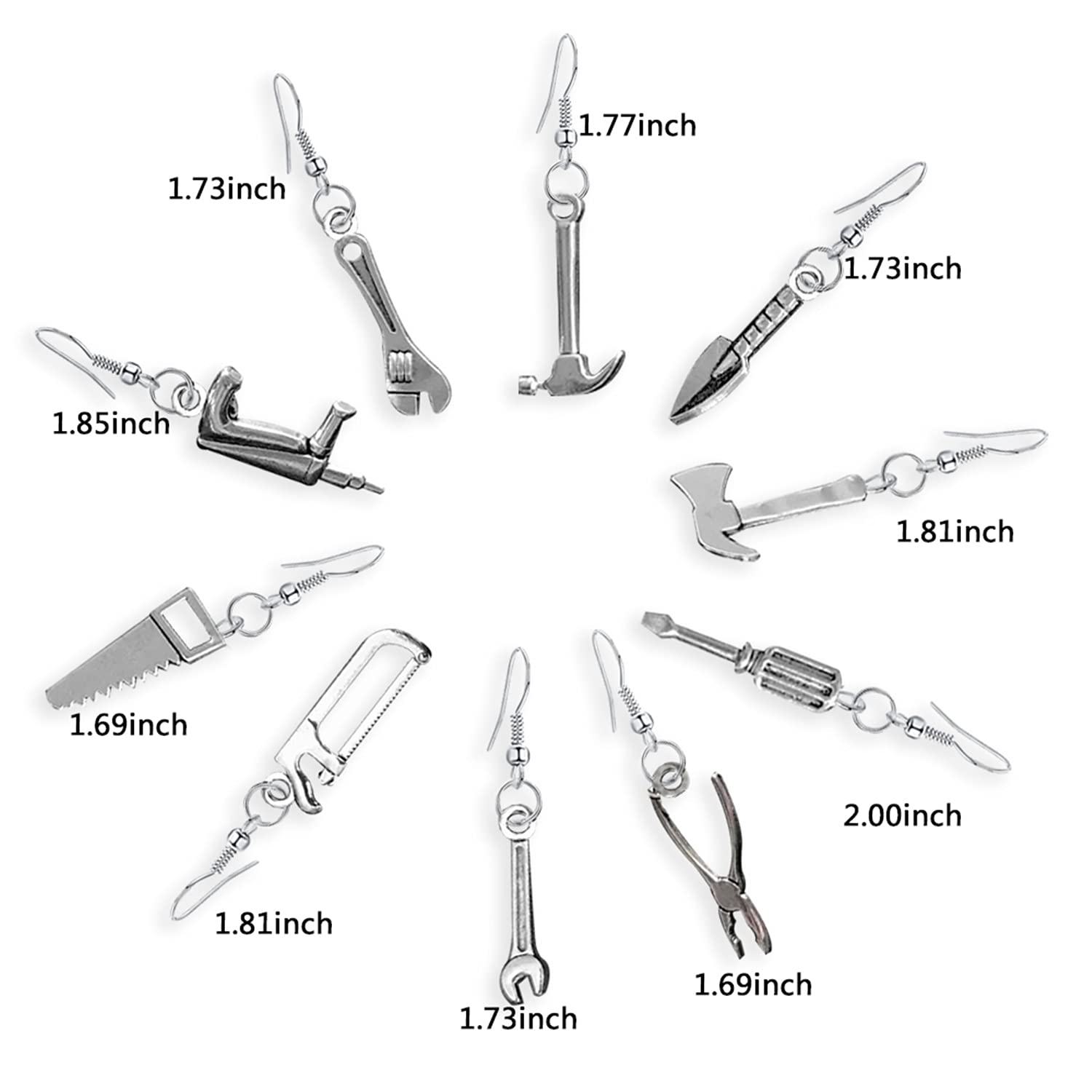 10 Pairs Vintage Silver Tool Axe & Wrench Dangle Earrings - Handmade Lightweight Punk Jewelry for Women | Funky Quirky Drop Earrings for Parties, Concerts & Everyday Wear