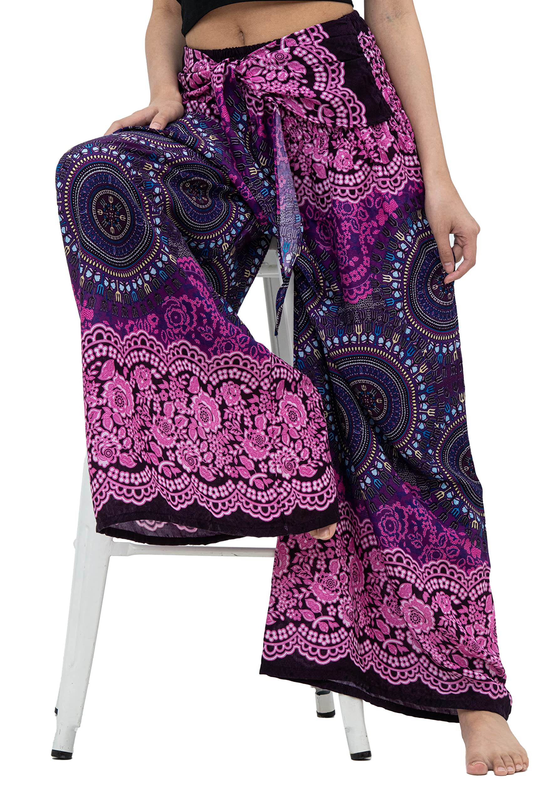 B BANGKOK PANTS - Women's Boho Palazzo Pants, Yoga Wide Leg Pants for Women, Comfortable Loose Flowery Trousers for Casual Wear, Lounge, Travel & Summer Outfits