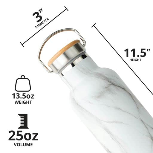 Elemental Classic 25oz Stainless Steel Water Bottle - Double Wall Insulated Thermos with Bamboo Lid - Leak Proof for Gym, Hiking & Travel - White Marble Design - Perfect for Workouts, Outdoor Adventures & Daily Hydration