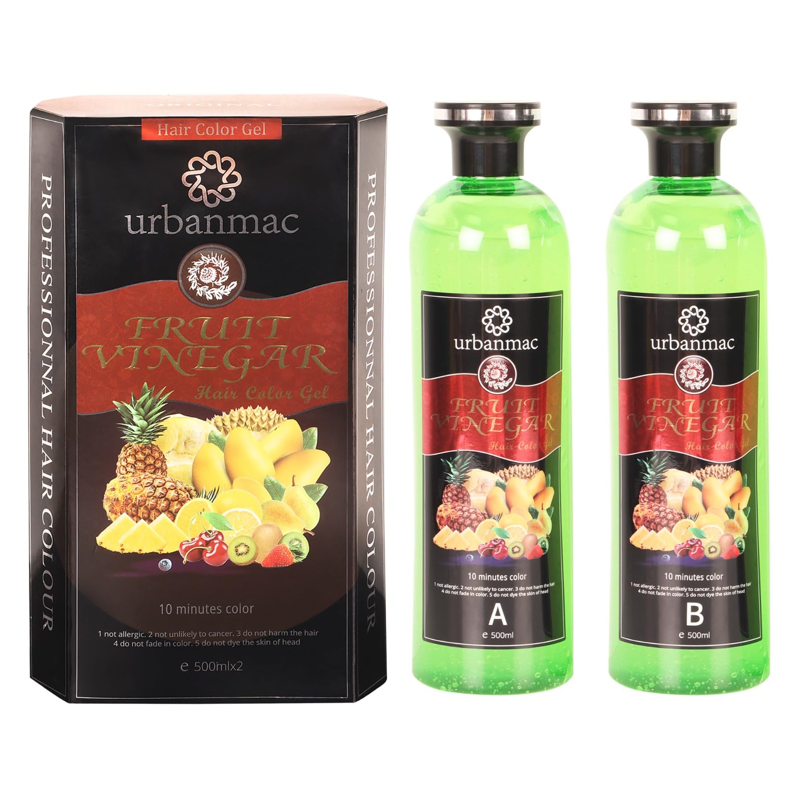 URBANMAC Natural Fruit Vinegar Gel Hair Dye for Black Hair - Ammonia Free, Long Lasting Color (500ml x 2) - Perfect for At-Home Hair Coloring & Gray Coverage