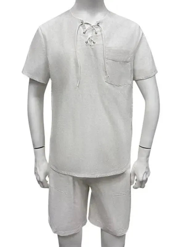 Men's Relaxed Fit Cotton V-Neck T-Shirt & Shorts Set - Comfortable Summer Casual Outfit for Lounge, Beach, and Travel