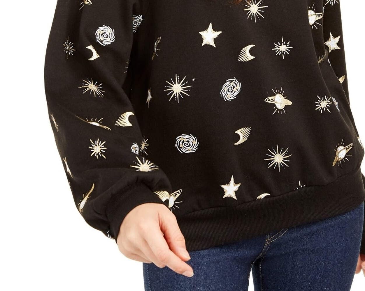 Women's Juniors' Planets Metallic Graphic Sweatshirt - Black, Size Small | Trendy Space-Themed Pullover for Casual Wear & Street Style