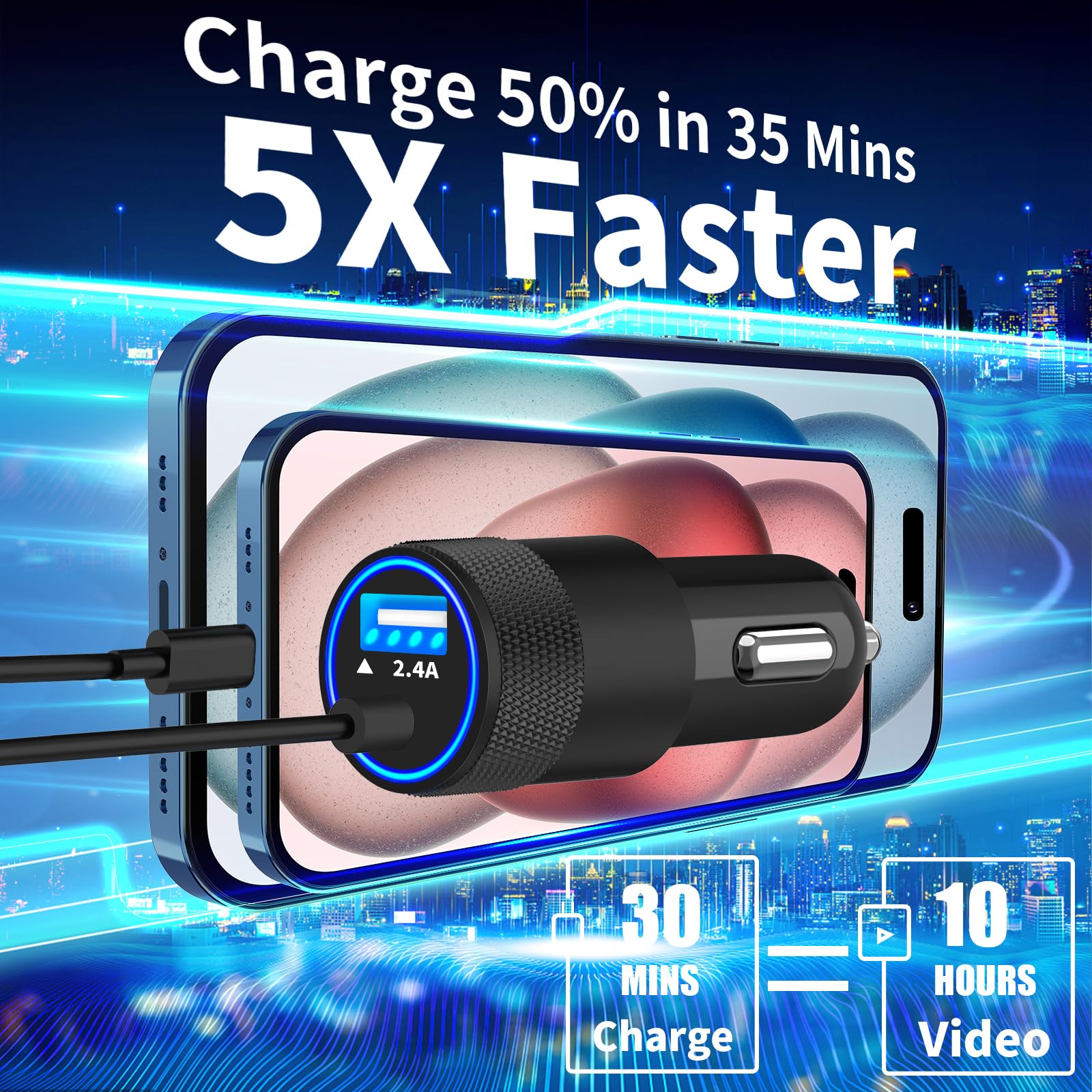 Apple MFi Certified Fast Car Charger for iPhone 15 - 4.8A Dual USB & USB-C Car Power Adapter with 6FT Type-C Cable - Compatible with iPhone 15 Pro/Pro Max, Galaxy S24/S23, Pixel, iPad Pro - Perfect for Road Trips & Daily Commuting