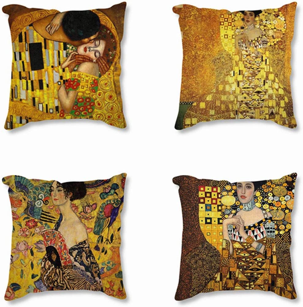 Set of 4 Gustav Klimt Inspired Square Pillow Covers - Cotton Linen Blend Decorative Cushion Cases for Sofa, Bed & Home Decor - Perfect for Living Room, Bedroom & Office