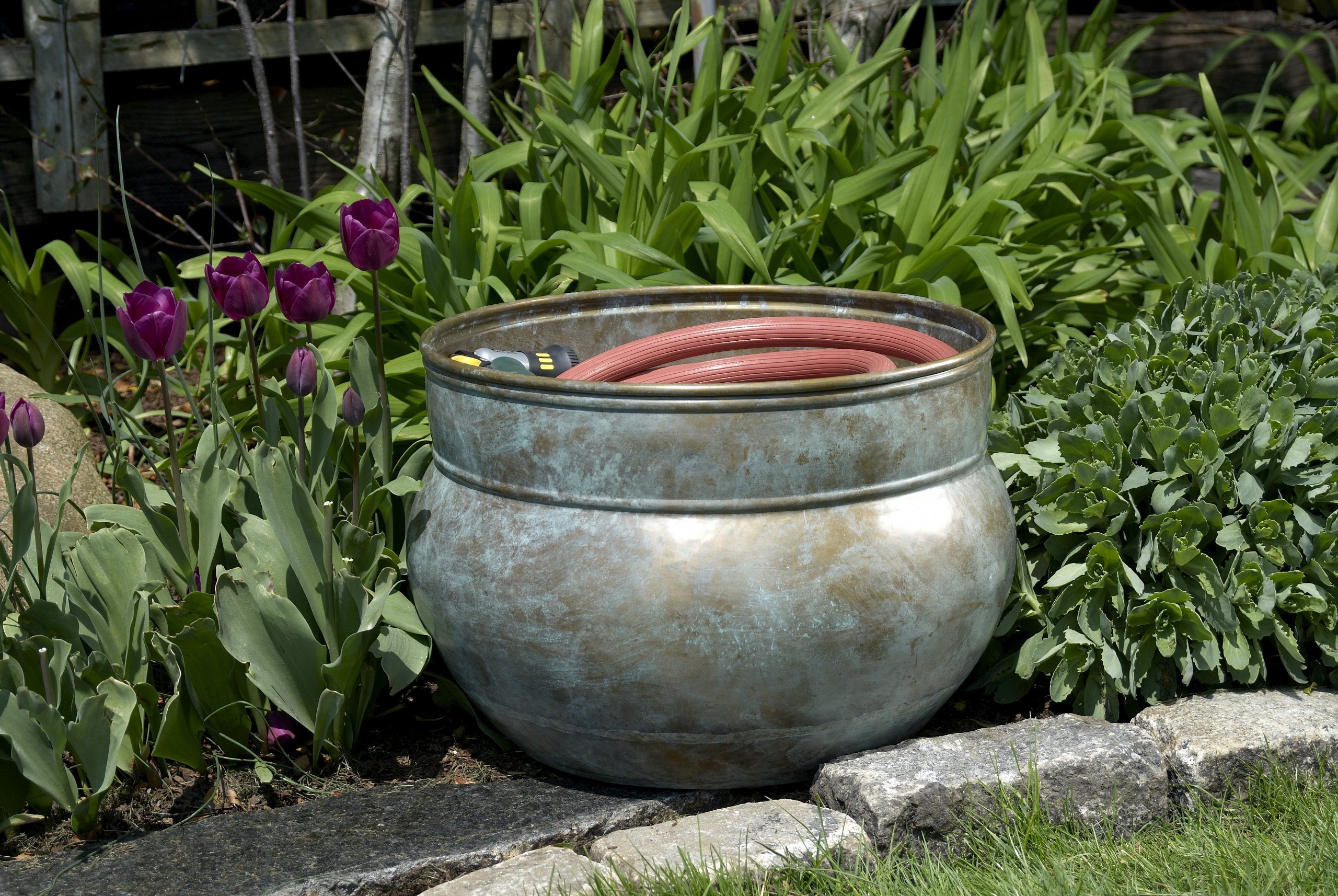 Good Directions Sonoma Hose Pot - Blue Verde Brass Outdoor Garden Decor for Watering Hoses & Yard Organization