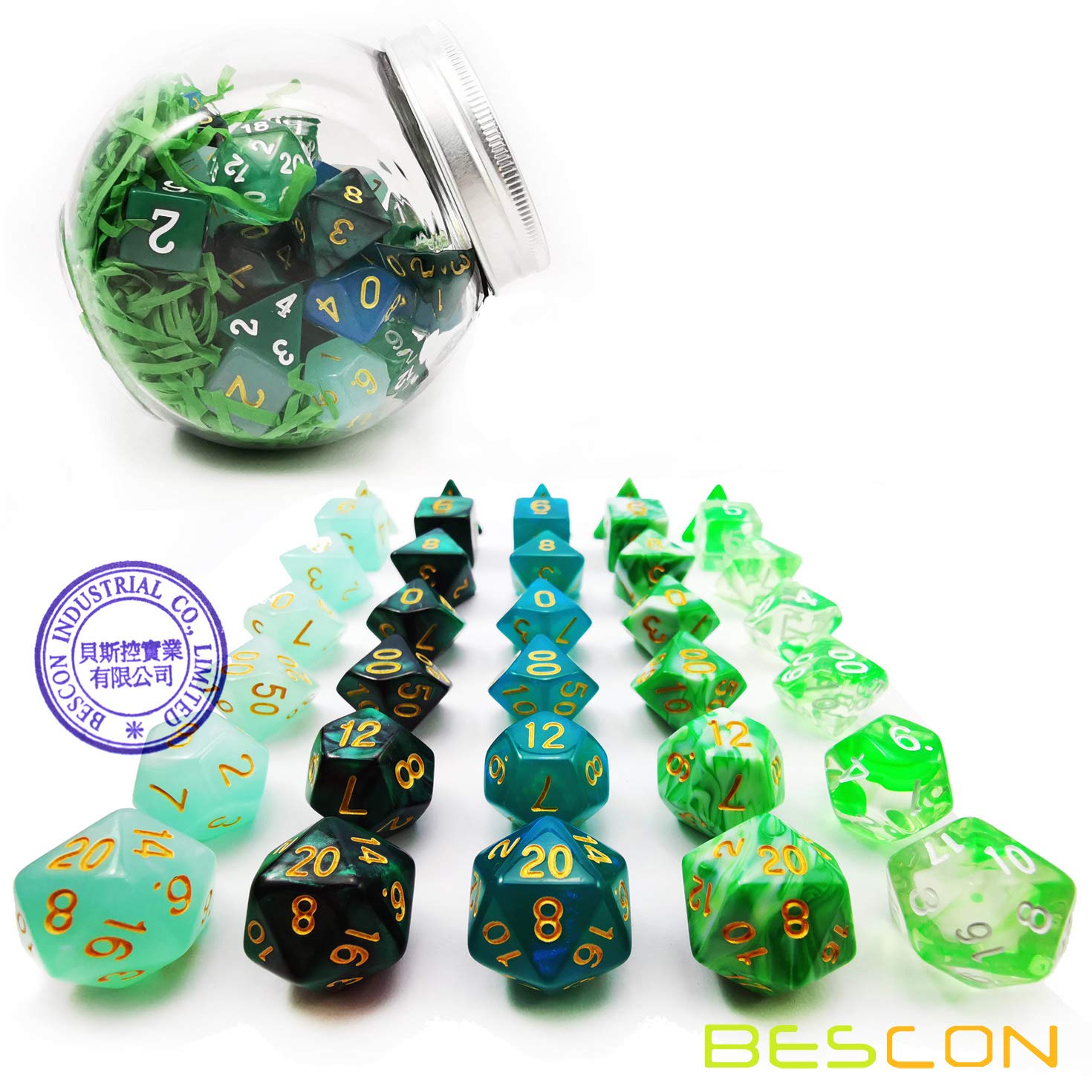 Bescon 35-Piece Polyhedral RPG Dice Set in Emerald Green - Perfect for DND, Dungeons & Dragons, Pathfinder Role Playing Games - Includes 5 Complete 7-Dice Sets for Tabletop Gaming & Collectors