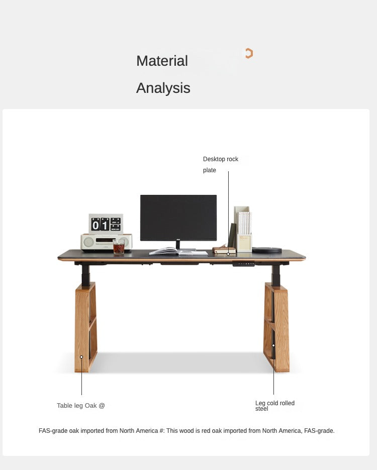 Premium Oak Solid Wood Standing Desk with Natural Rock Slab Top - Ergonomic Adjustable Height Home Office Desk for Work & Study