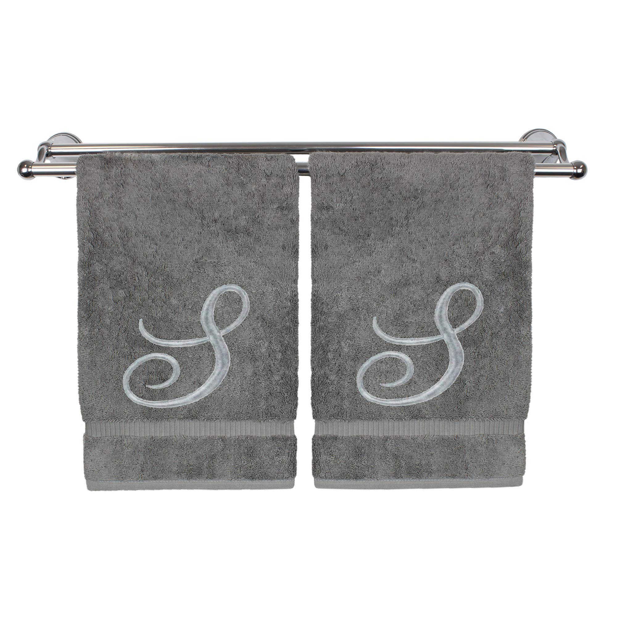 Personalized Monogrammed Hand Towel Set of 2 - 16x30 Inches Silver Embroidered 100% Turkish Cotton - Extra Absorbent Soft Terry Bath & Kitchen Towels - Perfect for Bathroom, Kitchen, Spa & Housewarming Gifts