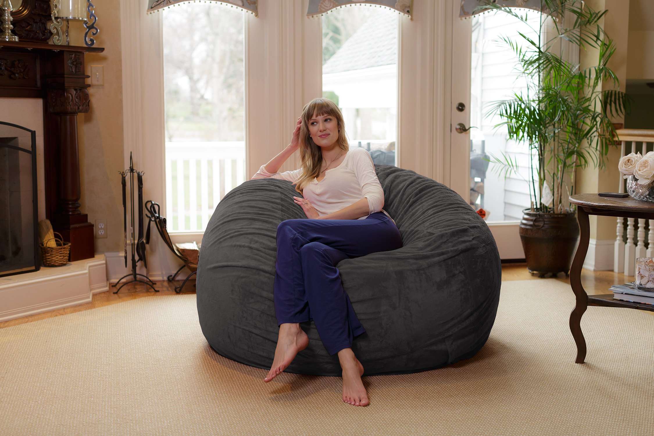 Chill Sack 6' Giant Memory Foam Bean Bag Chair - Soft Microfiber Cover with Grey Furry Finish | Oversized Comfort for Living Rooms, Game Rooms & Dorm Lounging