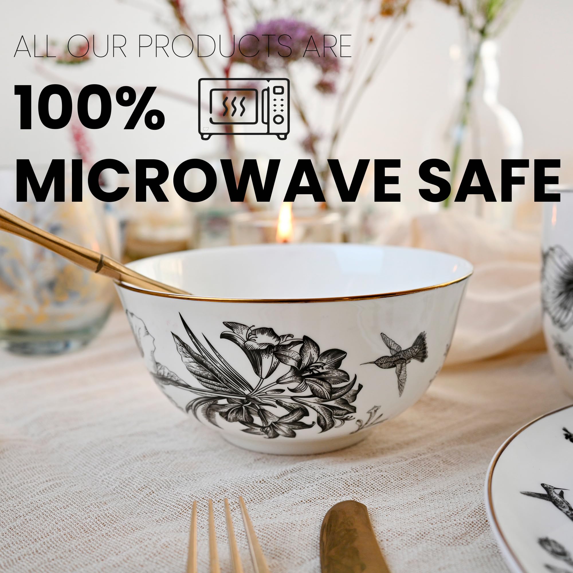 KOKEN 4-Piece Ceramic Dinnerware Set - Botanic Plates & Bowls for Salad, Dessert & Cereal | Microwave Safe Bone China Dishes | Perfect for Family Dining, Dinner Parties & Everyday Use