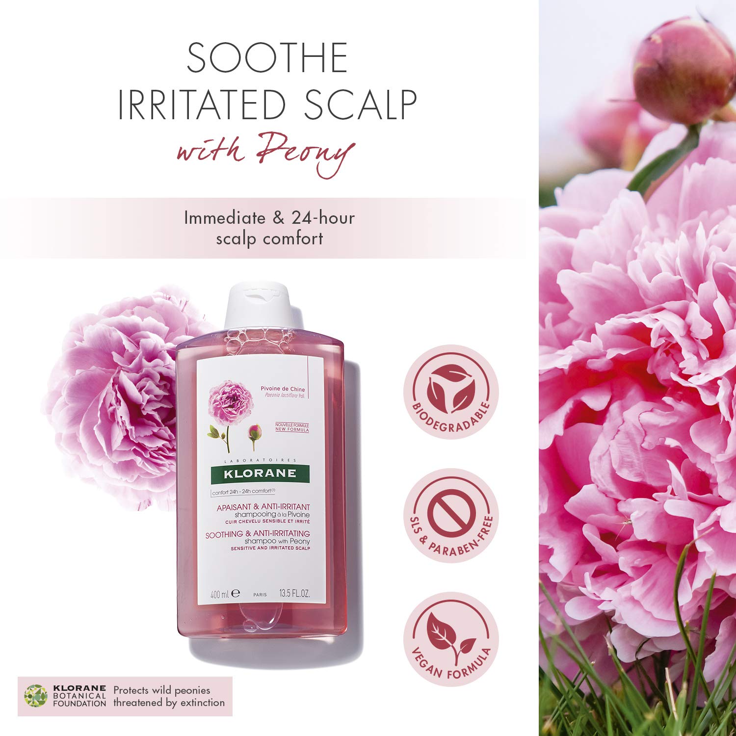 Klorane Peony Shampoo for Sensitive Scalp - Soothing & Hydrating Hair Care - Ideal for Daily Use & Color-Treated Hair