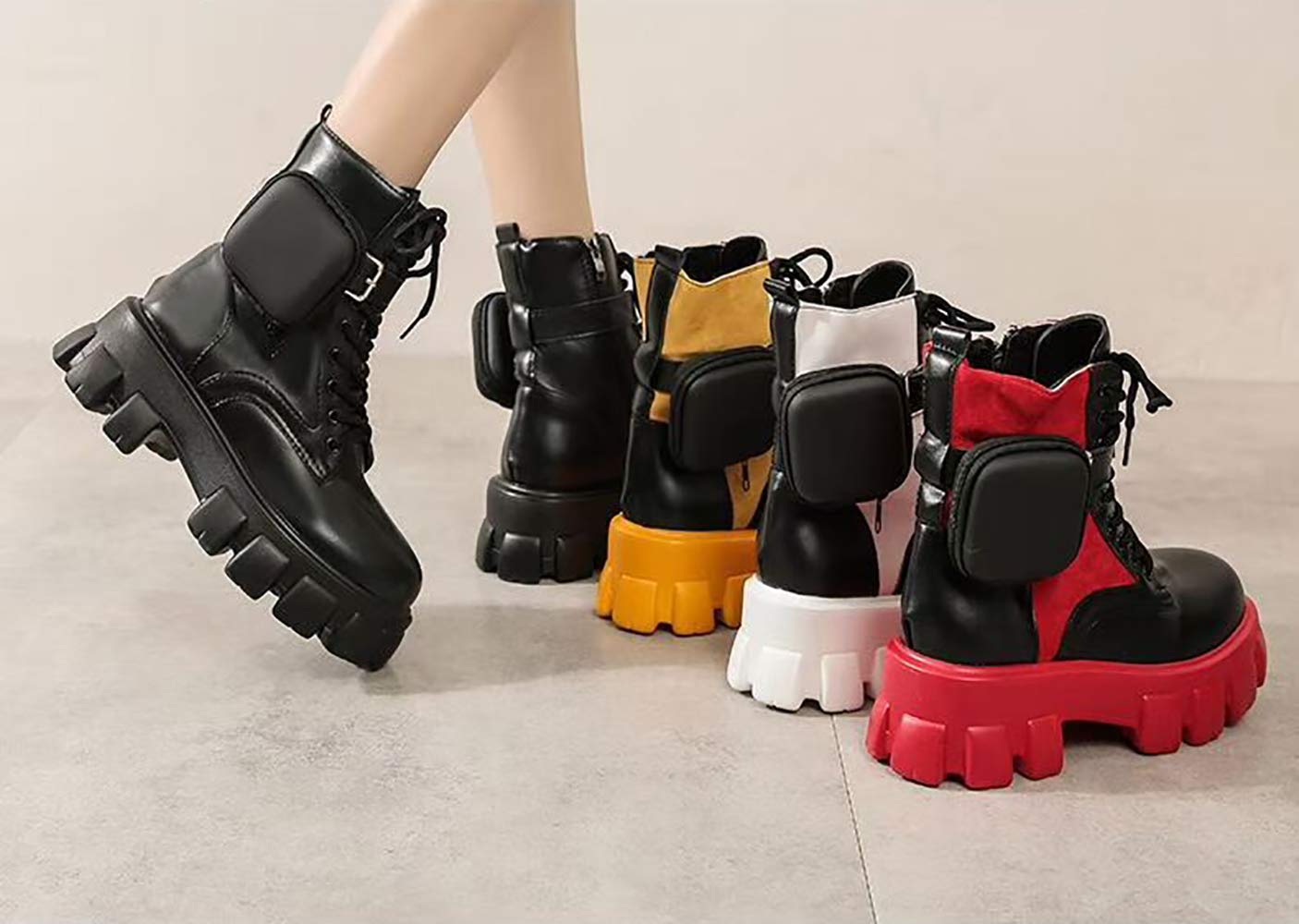 JITUUE Women's Thick Sole Lace Up Ankle Boots - British Style Pocket Boots with Increased Height for Casual Outfits & Winter Wear