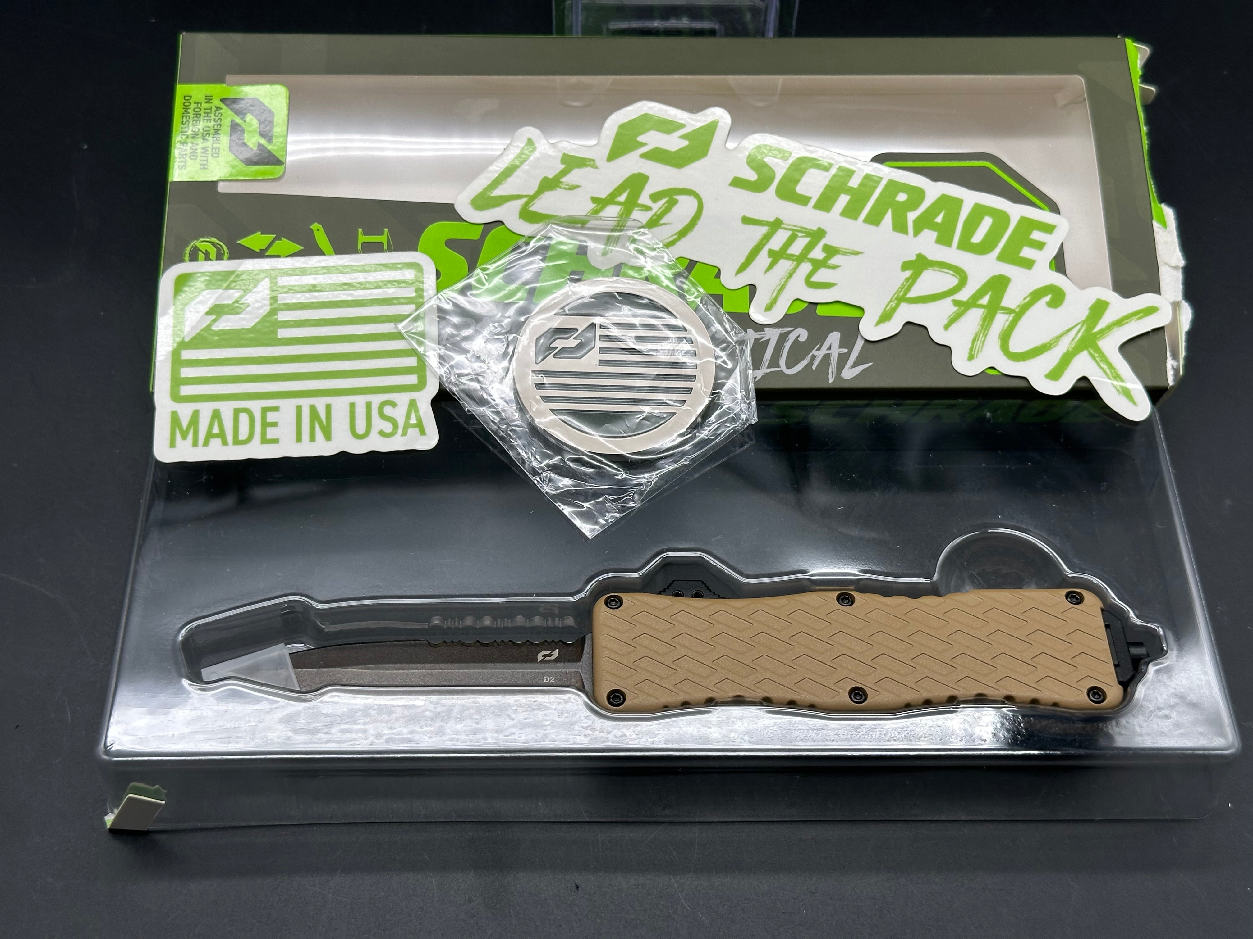 Schrade Uproar Dagger D/A OTF Automatic Knife - FDE Aluminum Handle with 3 Black D2 Serrated Blades - Tactical EDC Knife for Outdoor Camping, Survival & Self Defense