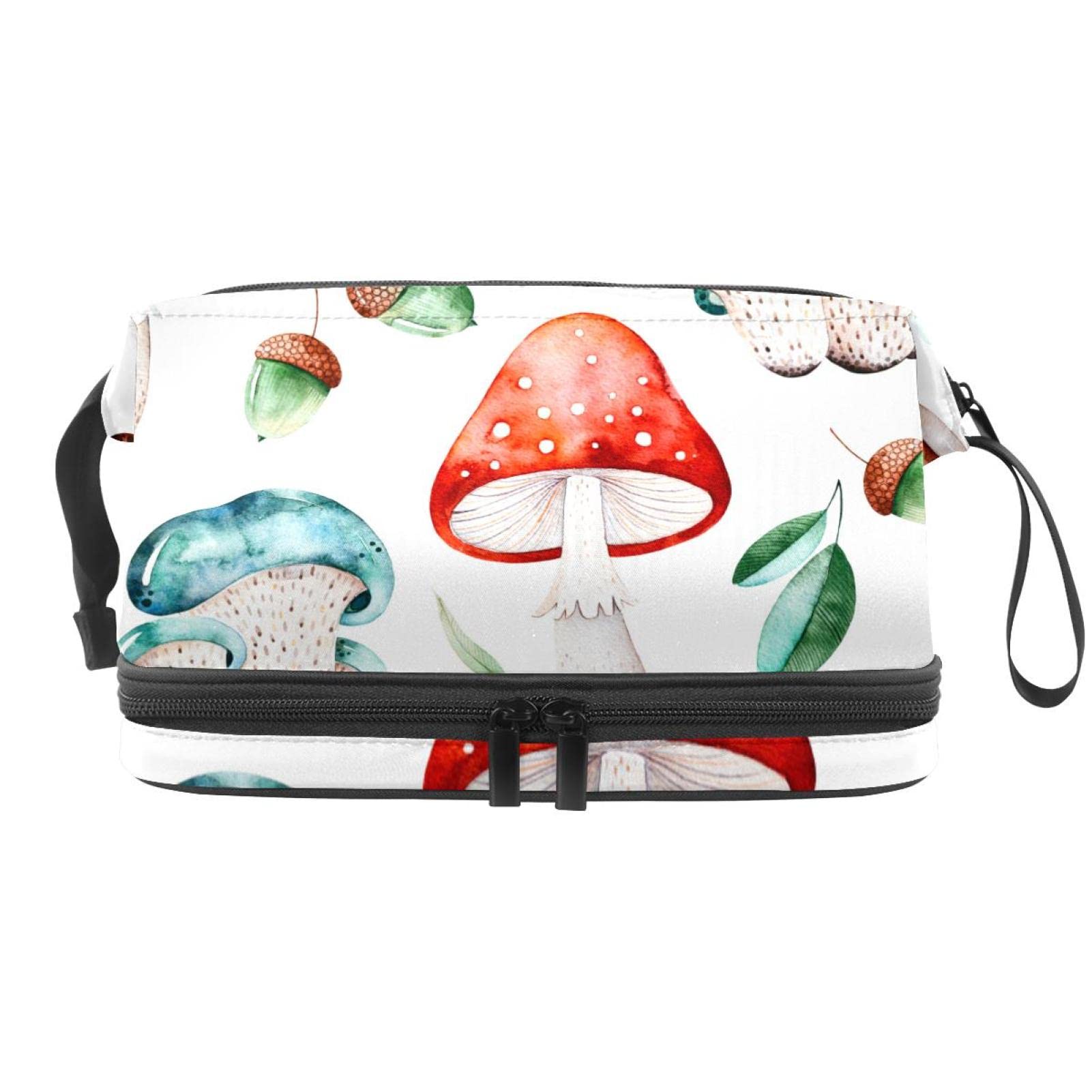 Waterproof Double Layer Watercolor Mushroom Makeup Bag for Women - Large Roomy Cosmetic Travel Organizer with Zipper - Perfect for Toiletries, Brushes & Travel Essentials (Ideal for Vacation, Gym & Daily Use)