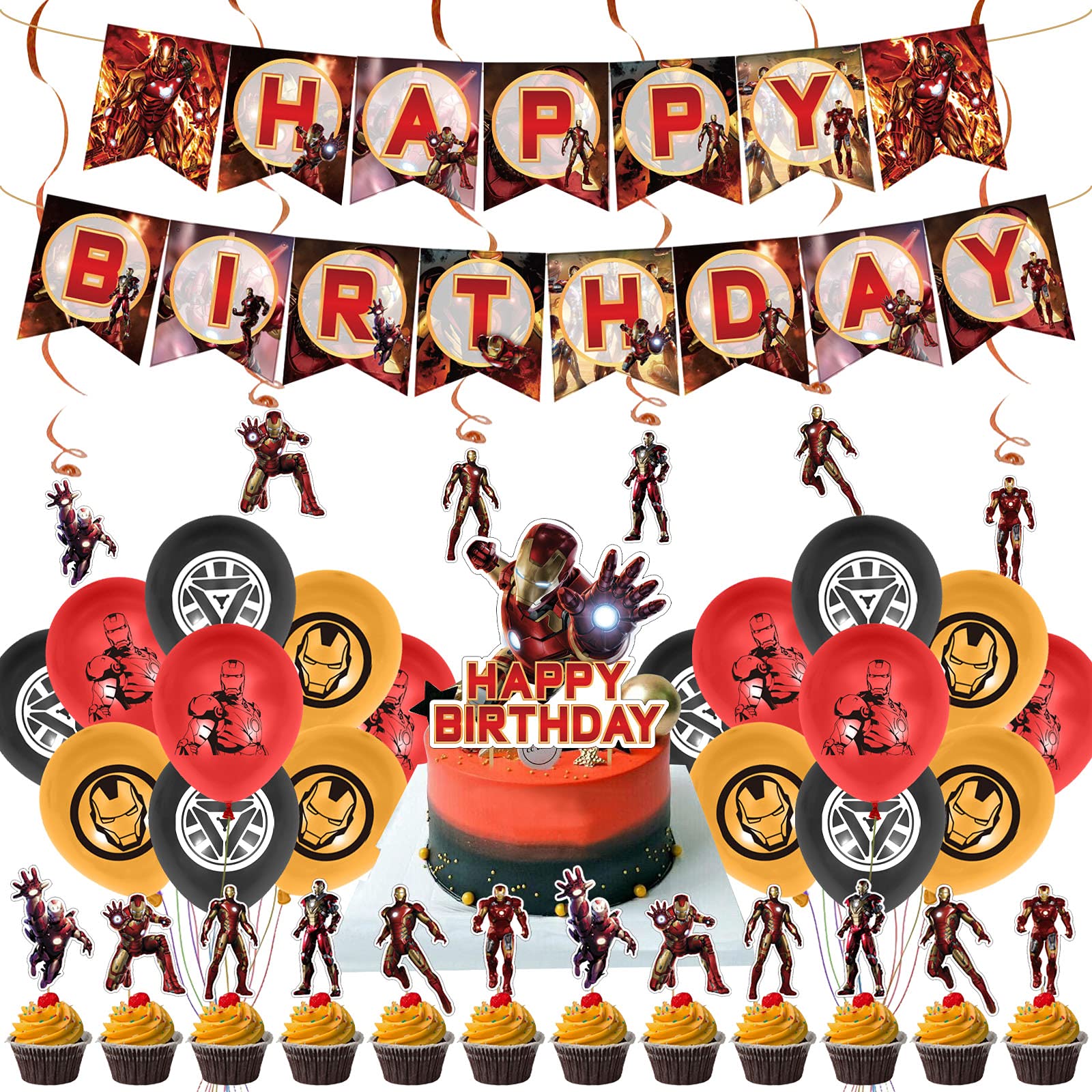 Iron Man Birthday Party Decorations Set - Happy Birthday Banner, Cake Topper, Balloons, Foil Balloons & Swirls for Kids | Superhero Themed Party Supplies | Perfect for Superhero Birthday Parties, Comic Book Celebrations & Marvel Fans