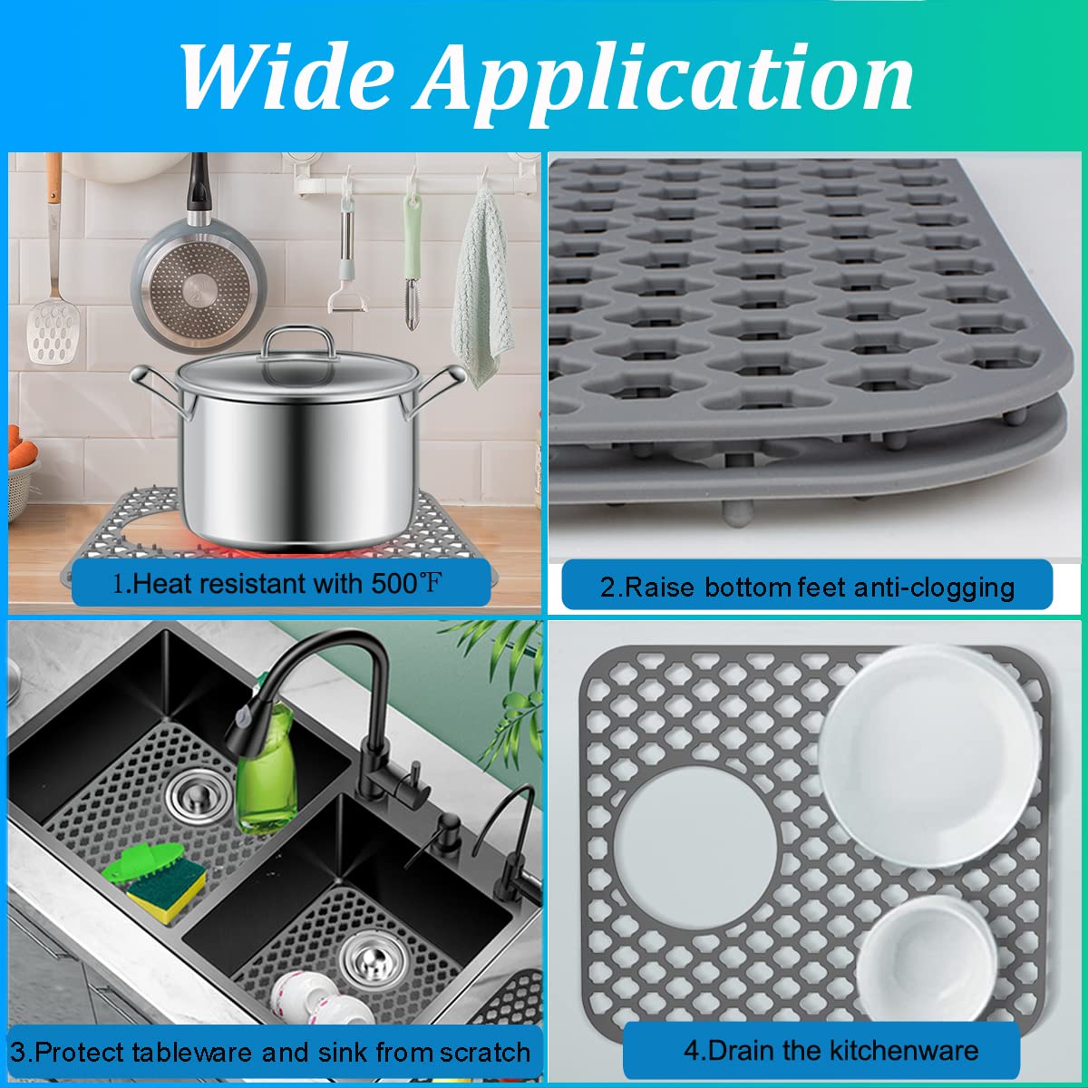 Wonninek Non-Slip Silicone Sink Mat (2-Pack) - Heat Resistant Kitchen Sink Protector with Drain Hole for Stainless Steel Farmhouse Sinks, 13.6x11.6 Inch Grey - Perfect for Dishwashing, Food Prep & Protecting Sink Bottom