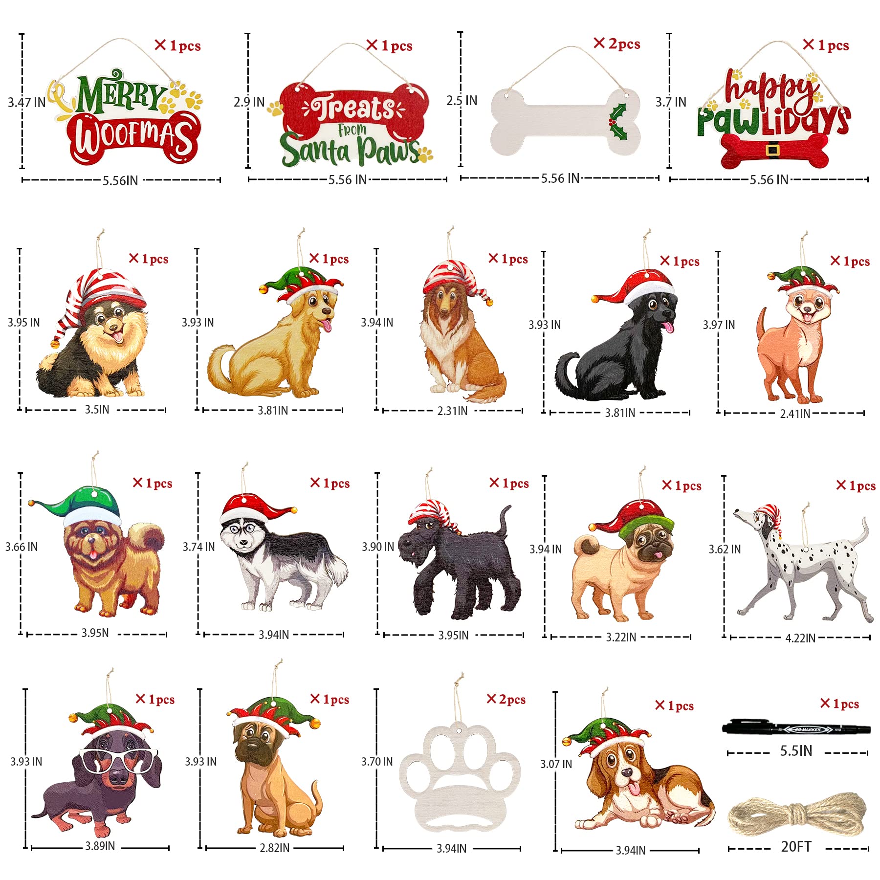 18Pcs Dog Christmas Tree Ornaments - Merry Woofmas Wooden DIY Puppy Paw & Holly Berry Bones Decor for Holiday Party | Pet Lover Gift, Xmas Home Decor, Dog-Themed Christmas Celebration