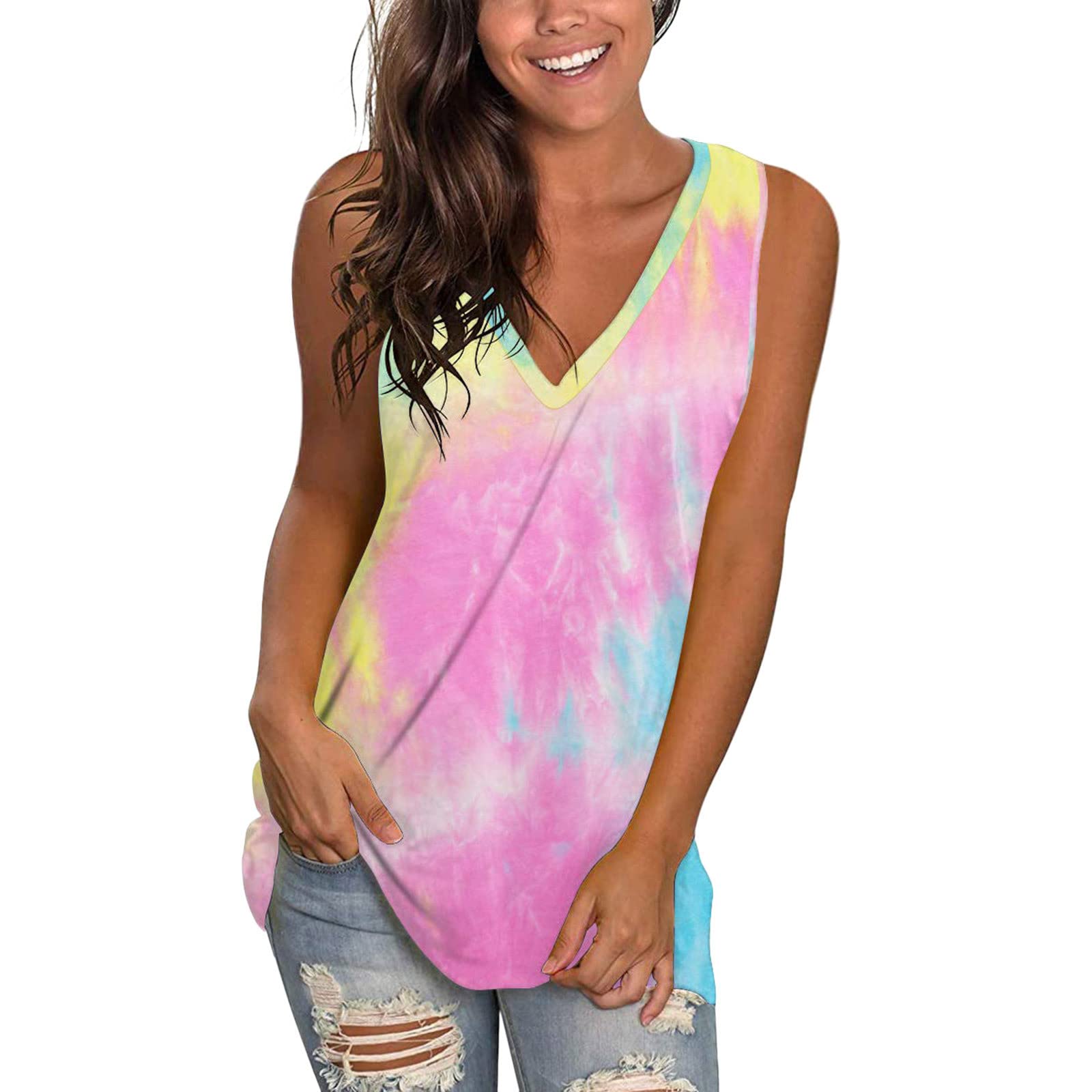 Women's Sleeveless V-Neck Tie Dye Tank Tops - Summer Casual Loose Fit Basic Tee Shirts for Beach, Gym & Everyday Wear