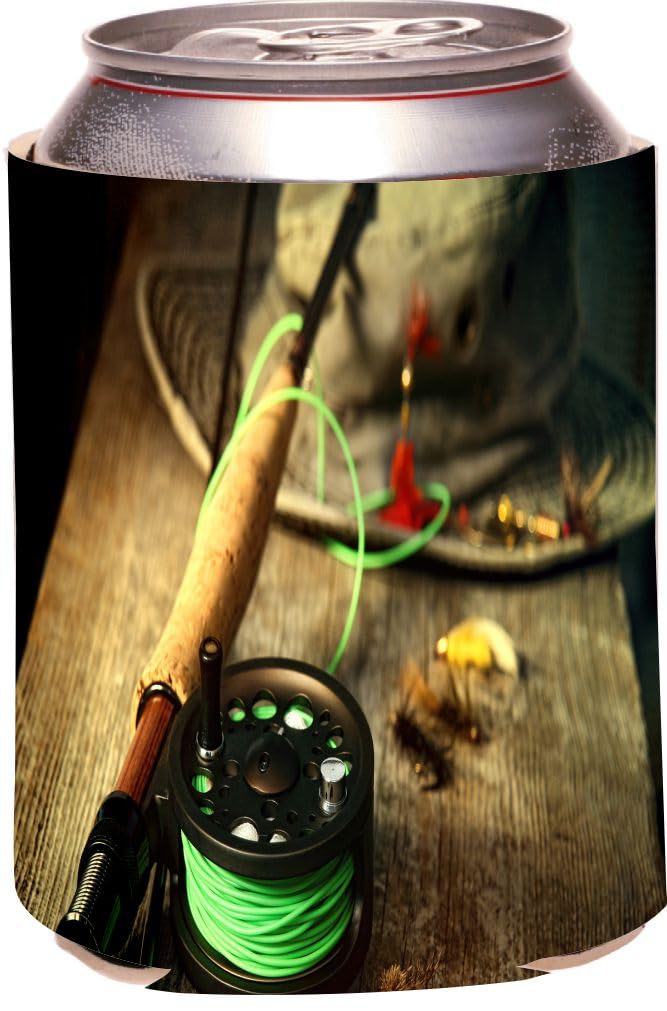 Green Brown Fishing Tackle Can Cooler - Beverage Insulator for Outdoor Camping