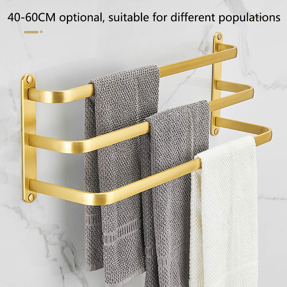 Brushed Gold Aluminum Towel Rack - Heavy Duty 3-Bar Wall Mounted Towel Holder (40cm) for Bathroom, Kitchen & Hotel Use | Space-Saving Dual Installation Design