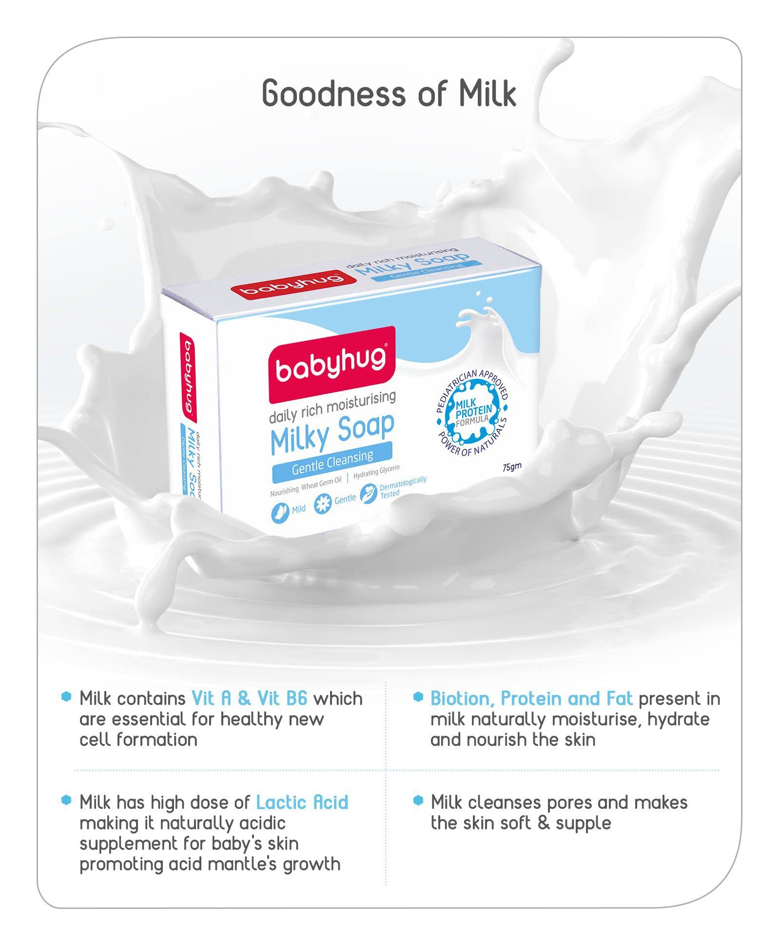 Babyhug Milk Protein Formula Daily Rich Moisturizing Soap - 75g (Pack of 2) | Gentle Cleansing for Baby's Delicate Skin | Perfect for Daily Bath & Sensitive Skin Care