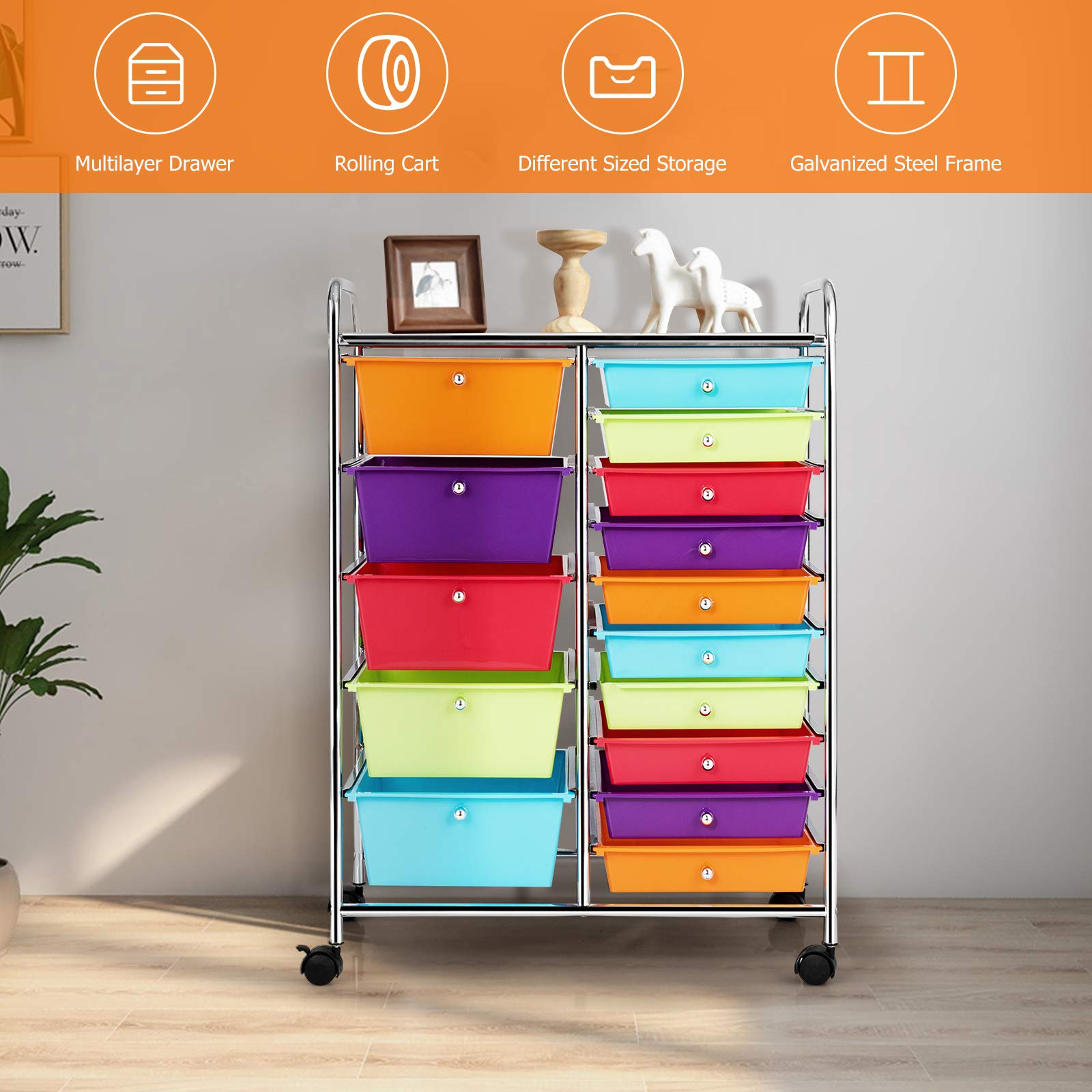 GOFLAME 15-Drawer Rolling Storage Cart - Multipurpose Mobile Organizer with Wheels for Home Office, School, Kitchen, Craft Room & Garage - Space Saving Utility Cart in Multiple Colors