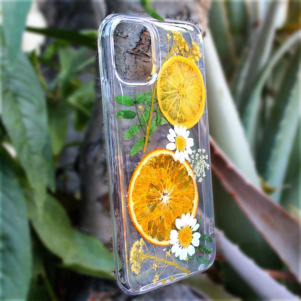 Pressed Flower Phone Case for iPhone 6/7/8/11/X/XR/XS/XS Max - Real Dried Flowers & Fruits Design with Orange & Daisies - Perfect for Nature Lovers & Boho Style Accessories