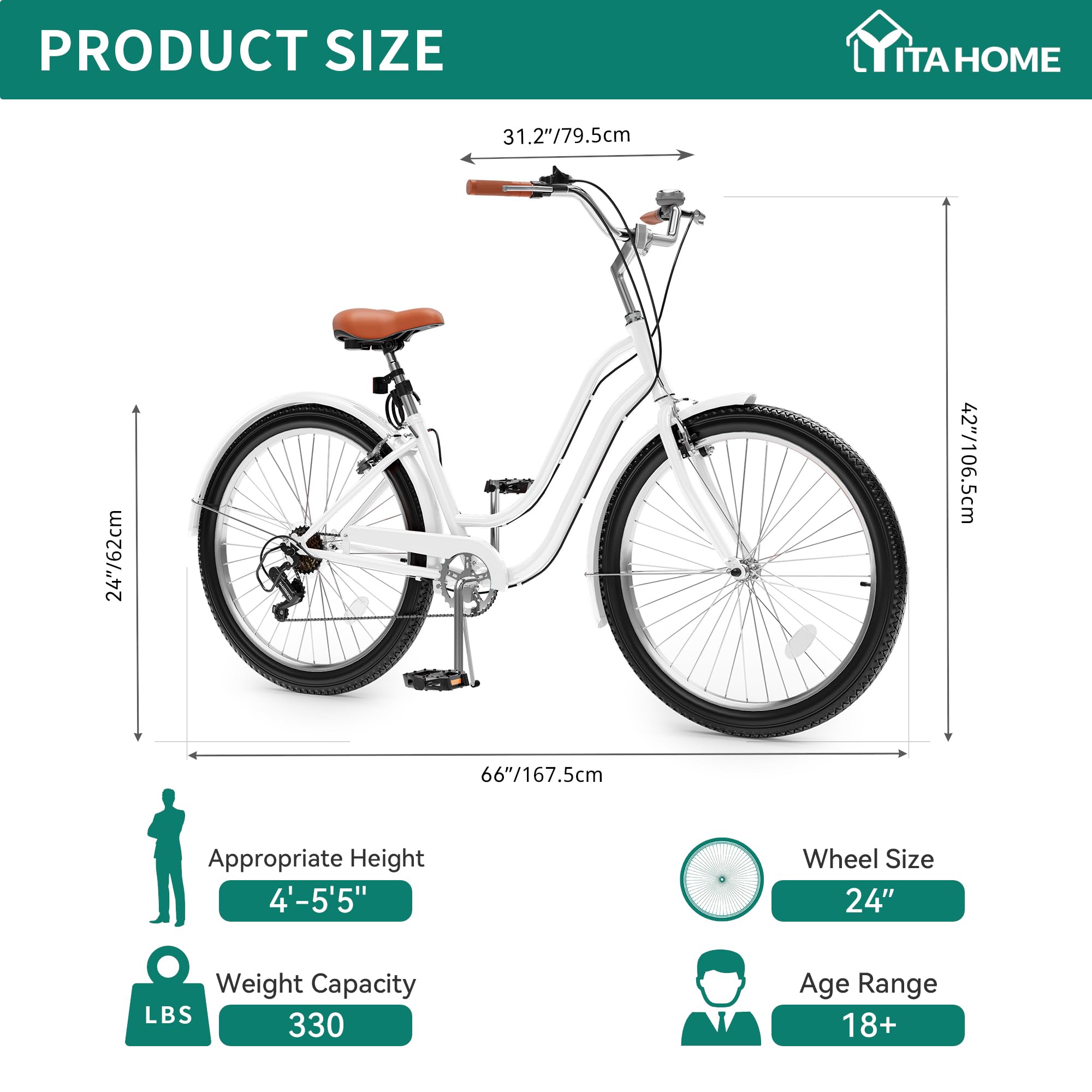 YITAHOME 24 & 26 Inch Beach Cruiser Bike for Adults - 7 Speed & Single Speed Commuter Bicycle with Step-Through Frame, Steel Construction & Full Front/Rear Fenders - Perfect for Beach Rides, City Commuting & Leisure Cycling