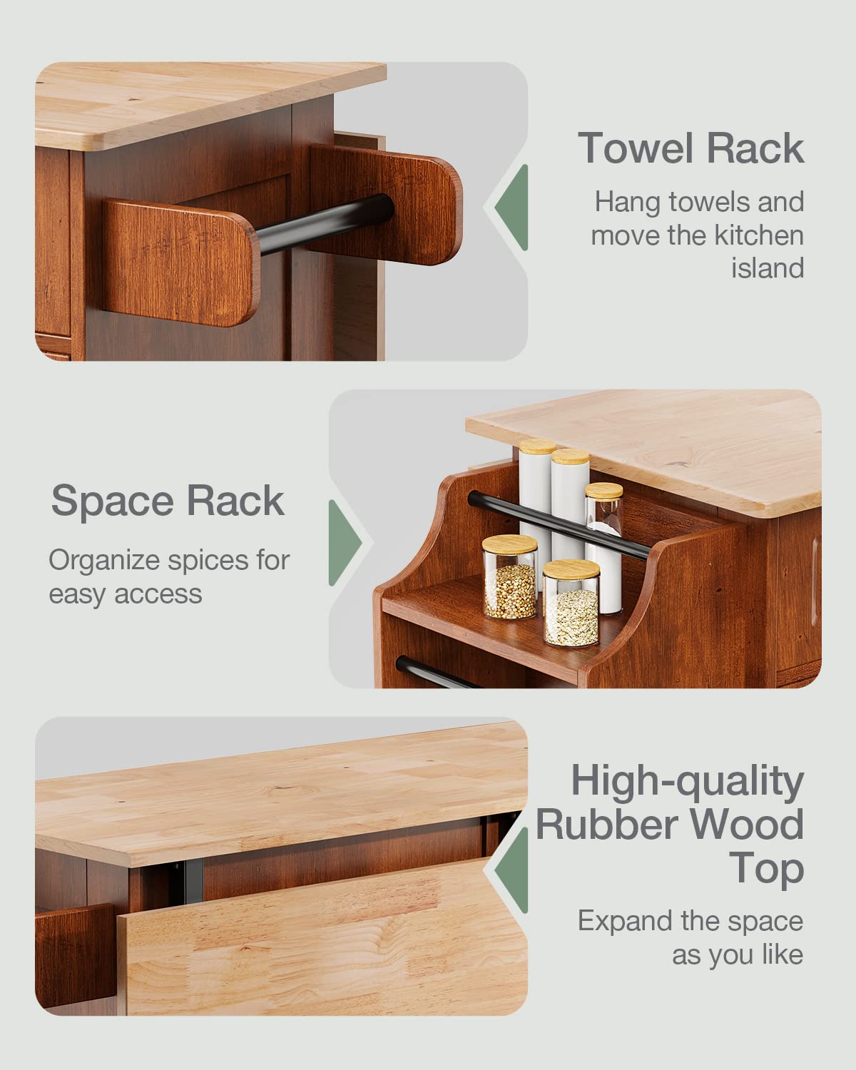 Brown Kitchen Island Cart with Drop Leaf, 2 Drawers & Spice Rack - Mobile Storage Cabinet with Towel Holder for Small Spaces - Perfect for Apartments, Dorms & Compact Kitchens