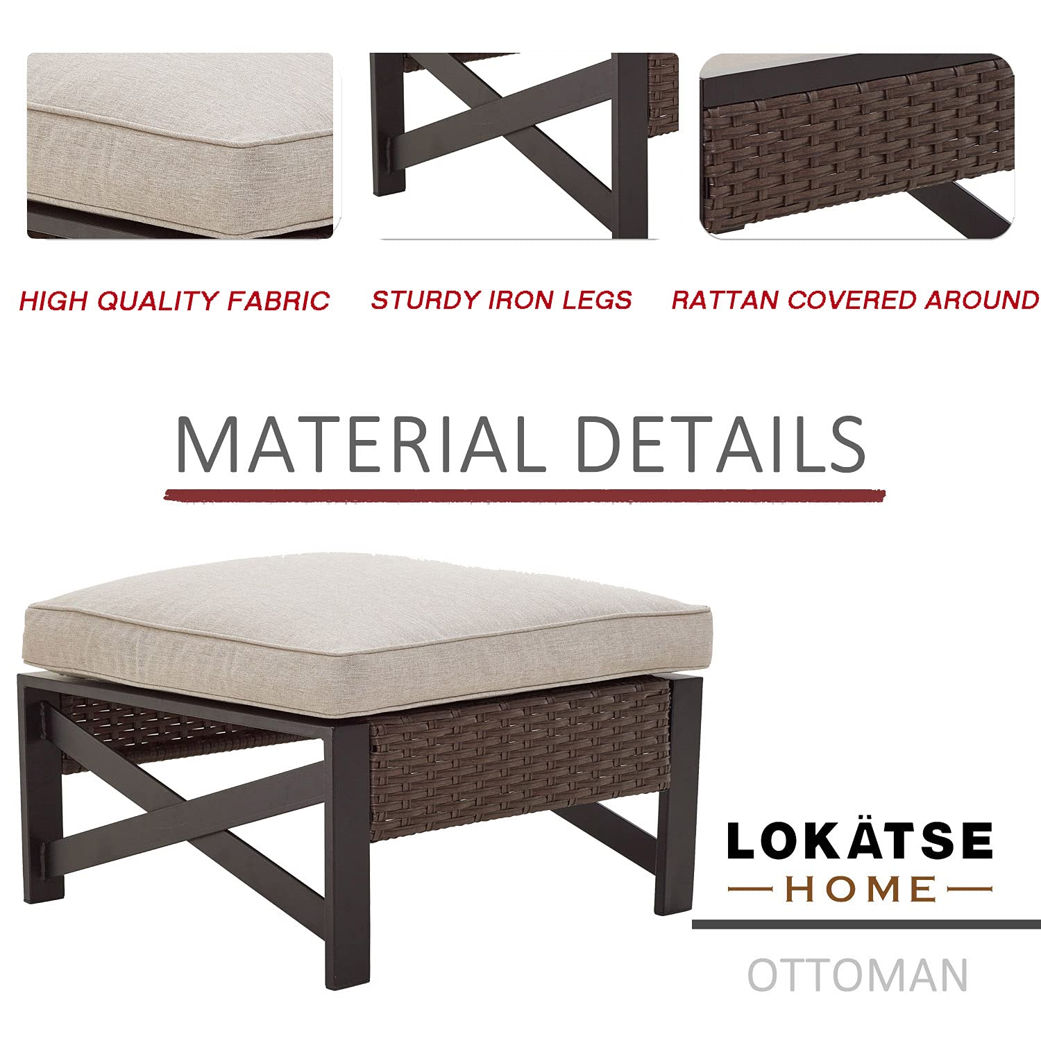 LOKATSE HOME Outdoor Metal Ottoman Patio Rattan Wicker Footstool with Cushion - Brown - Waterproof & Durable Garden Furniture for Poolside, Deck, or Backyard Relaxation