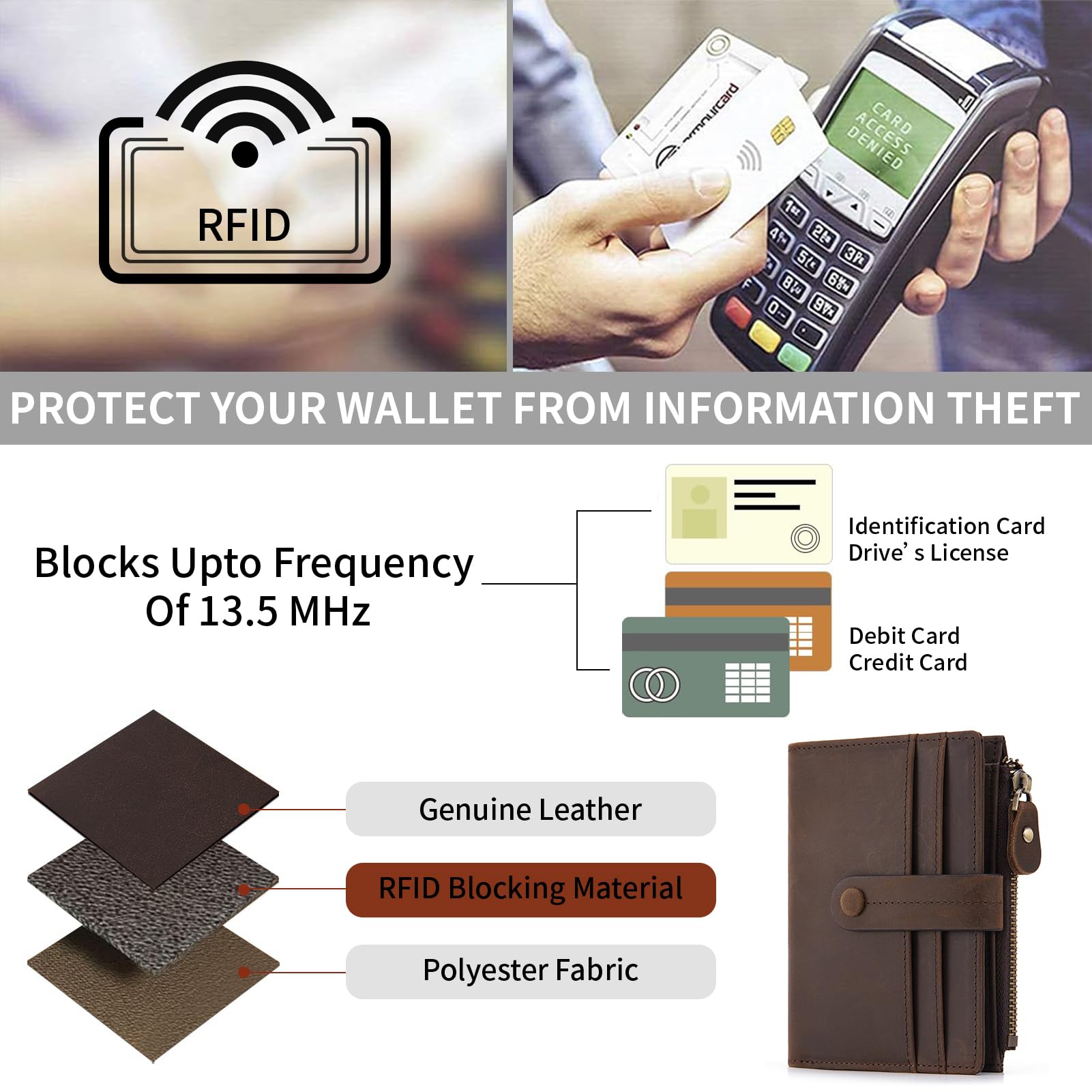 HKCLUF Women's Leather Bifold Wallet with RFID Blocking - Slim Credit Card Holder & Zipper Coin Purse - Dark Coffee | Perfect for Everyday Use, Travel, and Gift Giving