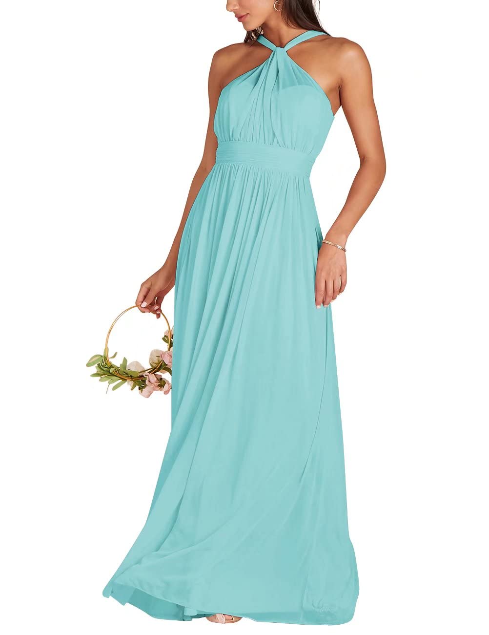 Elegant Halter Chiffon Bridesmaid Dress - Long Sleeveless Prom Gown with Pleated Details for Women | Perfect for Weddings, Formal Parties & Special Occasions