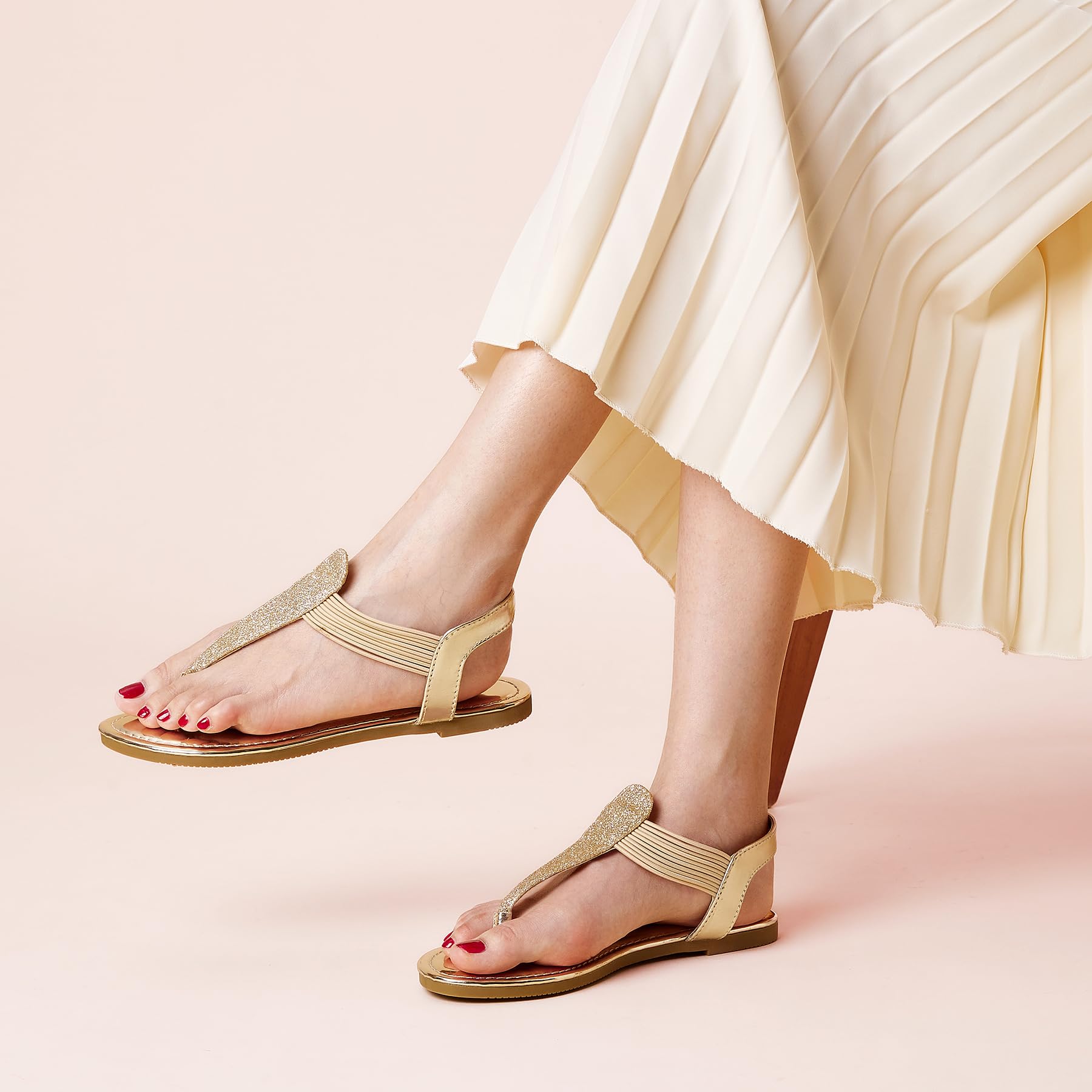 SANDALUP Women's Elastic Strappy Flat Sandals - Sparkling Thong Sandals with Ankle Strap for Summer | Comfortable Dressy Sandals for Walking, Beach, Parties & Casual Outfits
