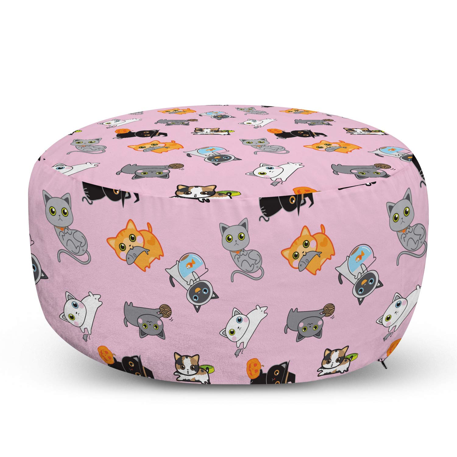Ambesonne Cat Ottoman Pouf - Colorful Kittens Playing with Fish, Mice & Yarn Ball - Soft Foot Rest with Removable Cover for Living Room & Bedroom - Multicolor Decorative Accent - Perfect for Pet Lovers & Cozy Home Decor