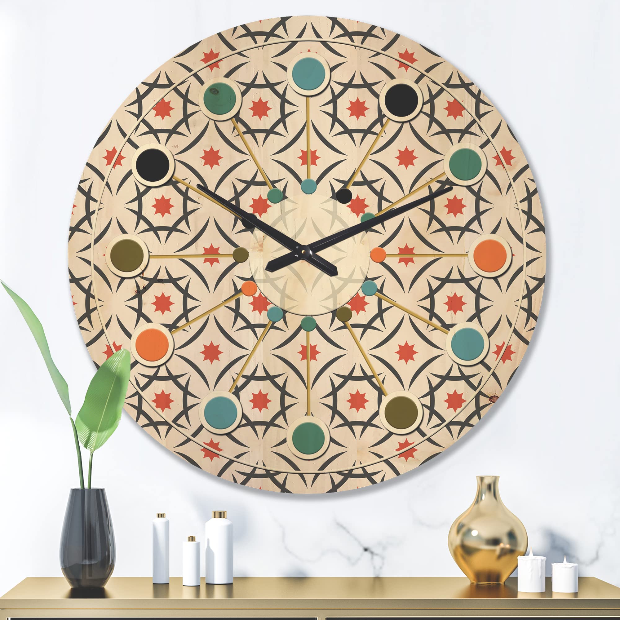 Abstract Retro Design Pattern V Mid-Century Modern Large Wood Wall Clock - Oversized Decorative Wooden Clock for Living Room, Bedroom & Office Décor