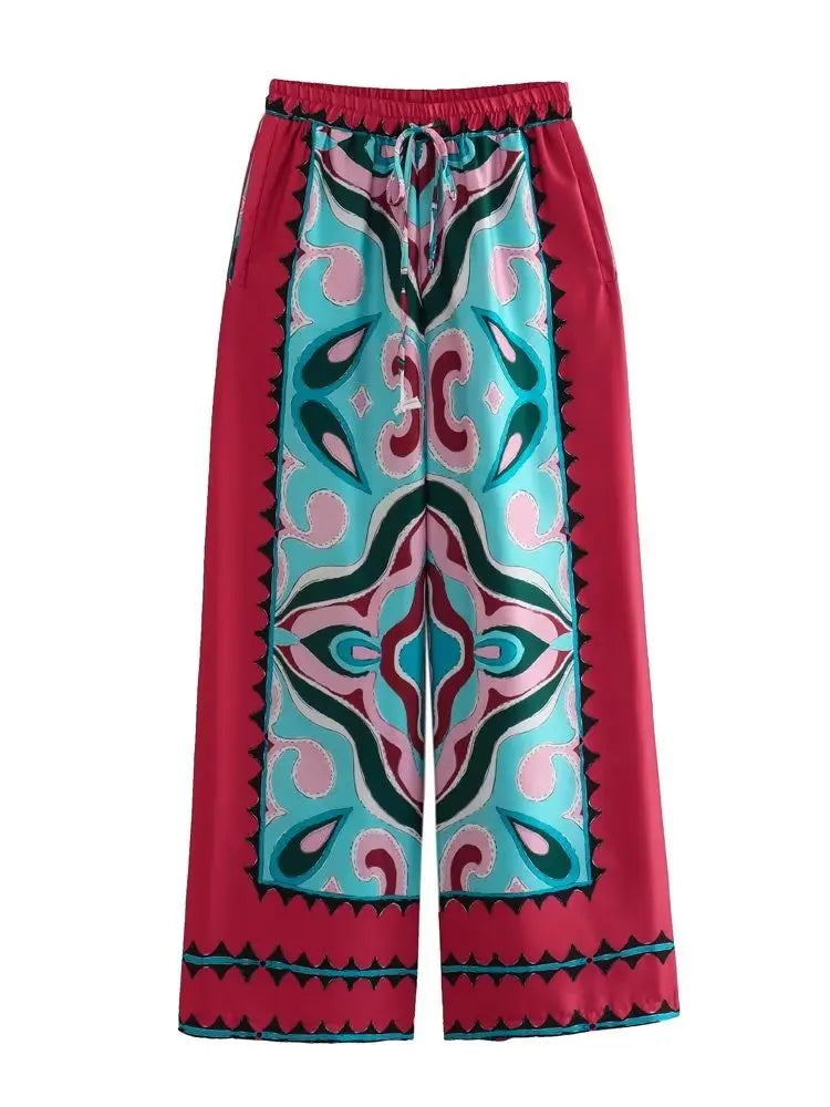BlingBlingee Summer Printed Women's Wide Leg Pants & Satin Crop Top Set - Y2K Fashion Asymmetric Sleeveless Strapless Outfit for Beach, Party & Casual Wear