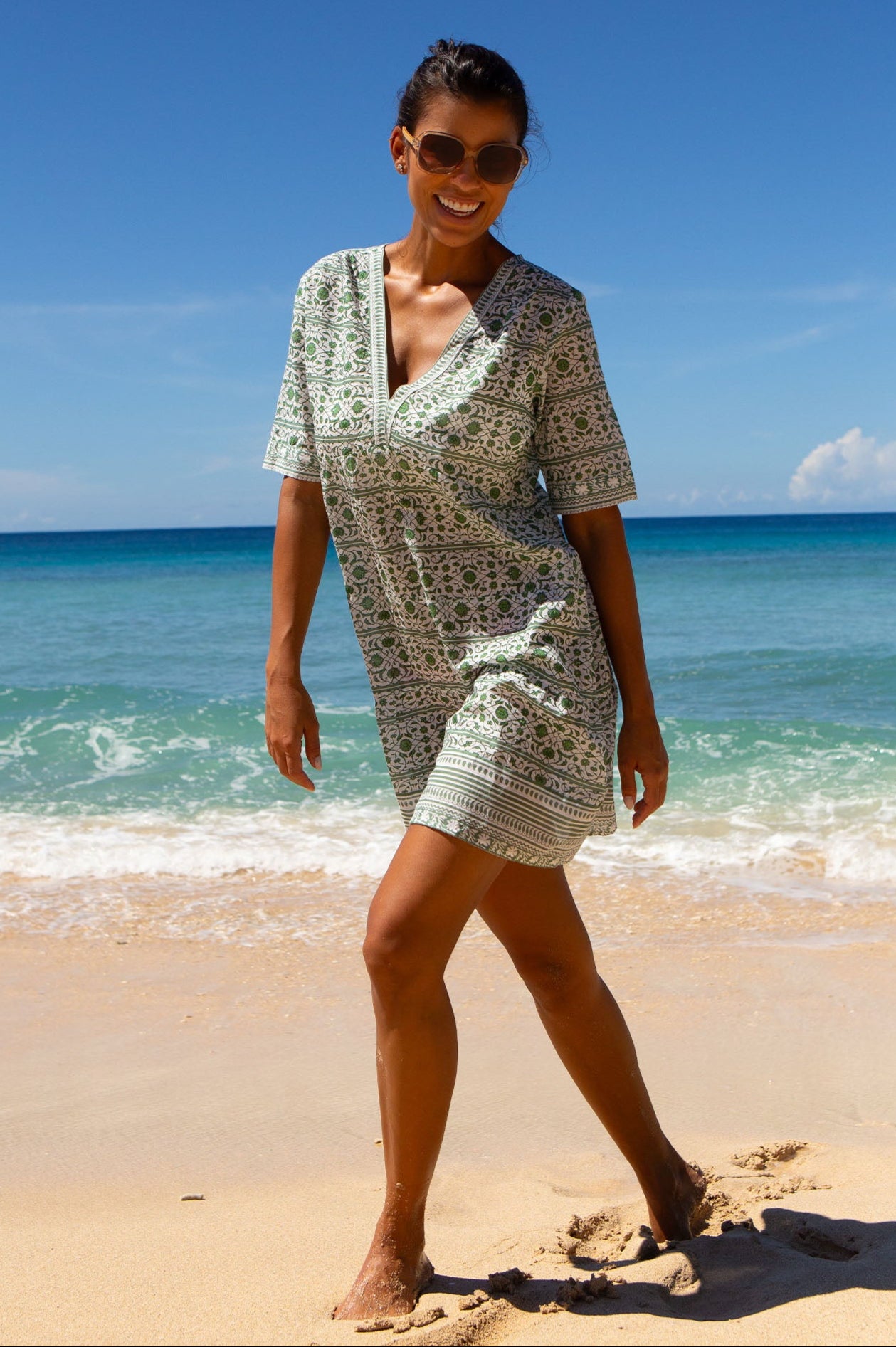 Santorini Kaftan Dress for Women - Flowy White & Khaki Beach Cover Up - Perfect for Vacation, Poolside, and Summer Outings