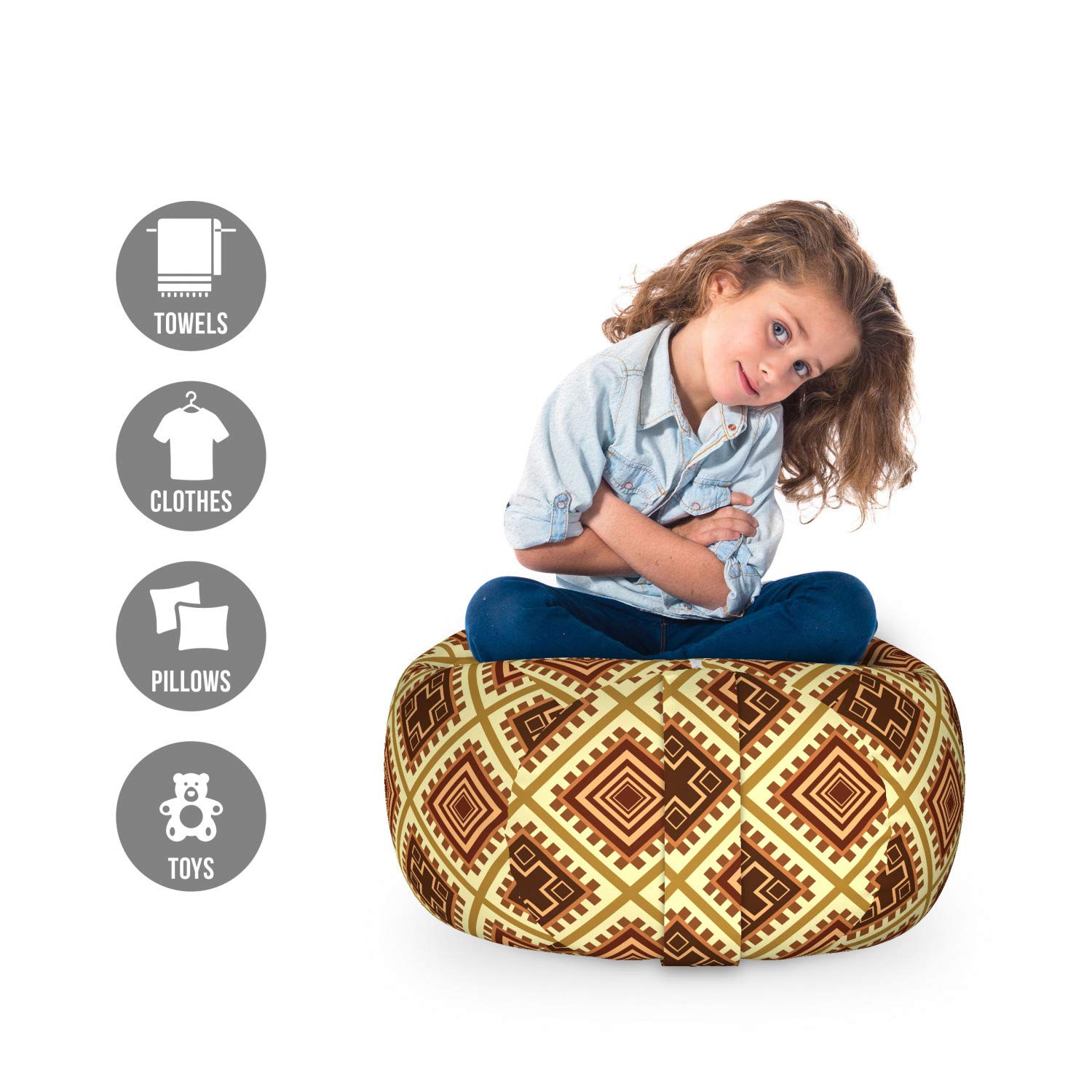 Ambesonne Oriental Storage Toy Bag Chair - Geometric Lines Modern Stuffed Animal Organizer, Washable Small Size in Pale Coffee Cinnamon | Kids Room Decor, Nursery Storage, Playroom Organization