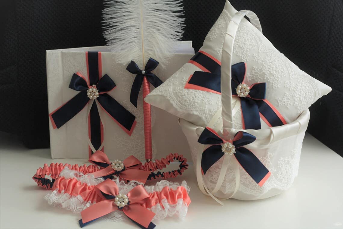 Elegant Coral & Navy Wedding Ring Bearer Pillow Set with Flower Girl Baskets - White (1 Pillow + 2 Baskets) - Perfect for Beach Weddings, Rustic Ceremonies & Boho Nautical Themes