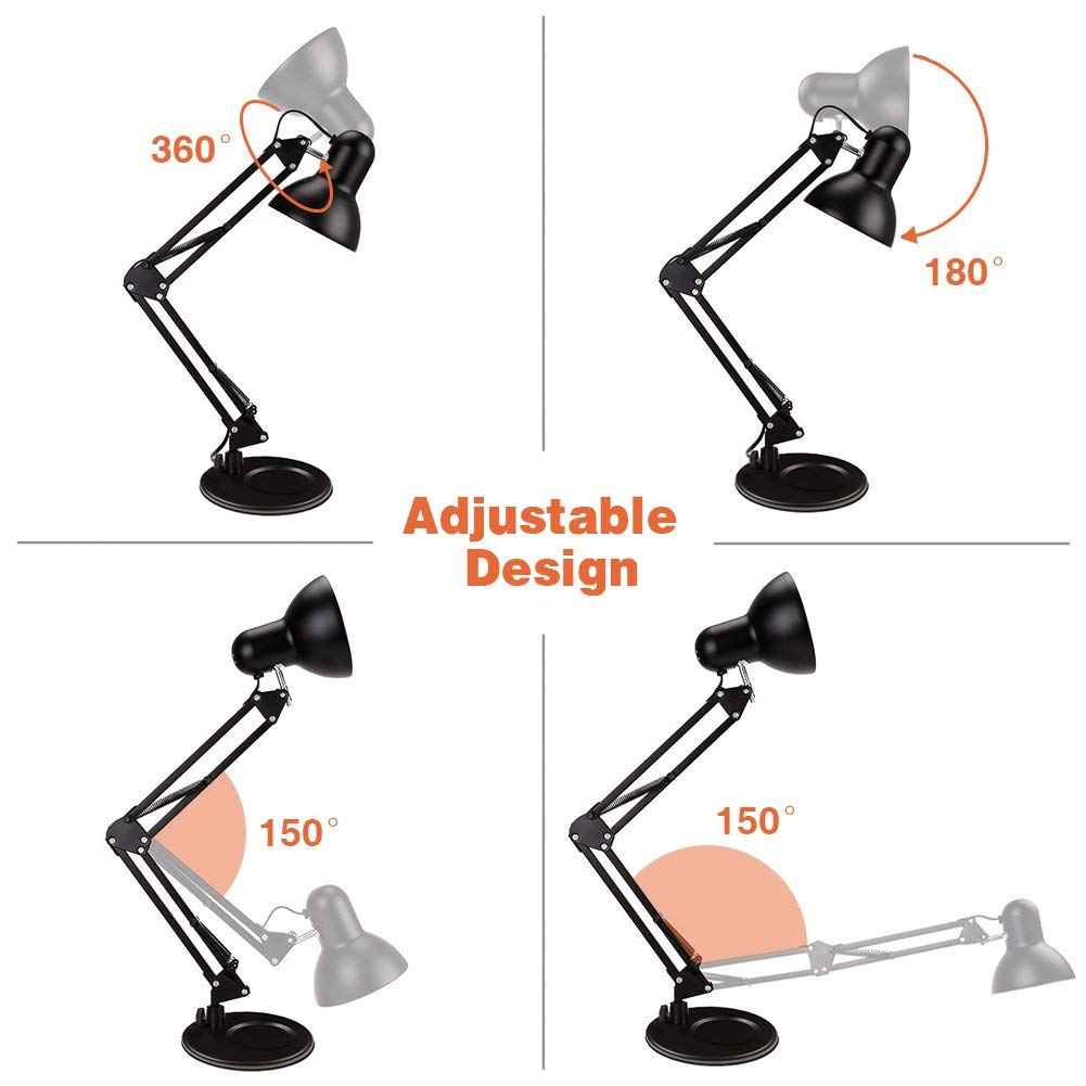 Powerking Swing Arm LED Desk Lamp - Adjustable Architect Task Light with Clamp, Classic Black Desk Lamp for Home, Dorm & Office (Bulb Not Included) | Perfect for Reading, Studying & Workspace Lighting